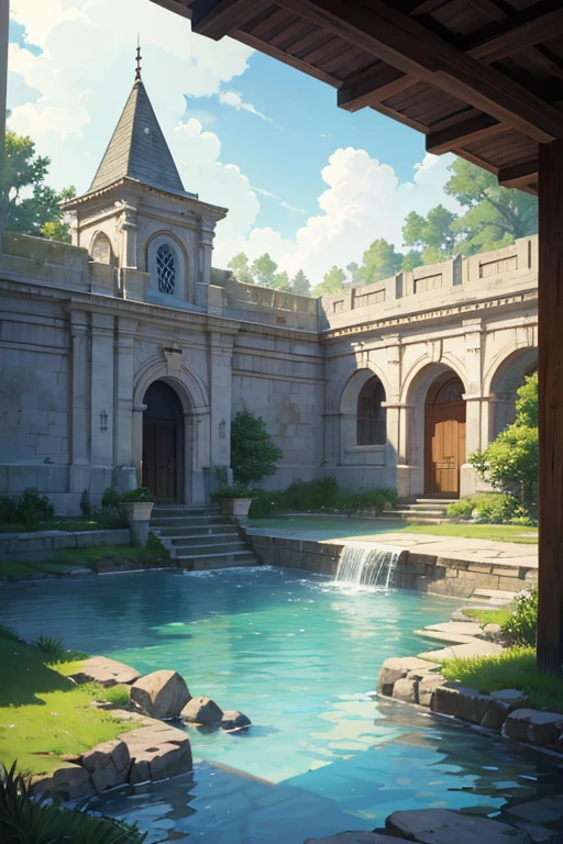 There a small well on the ground,With wooden frame, random background scene, watertank, Close-up of magical water gate, sewer background, attack on titan scenery, The reservoir, anime scene, Anime landscape concept art, sewer pipe entrance, well rendered, water temple, The fountain, anime backgrounds, Anime background art, sewer, Opening scene, Water Mill