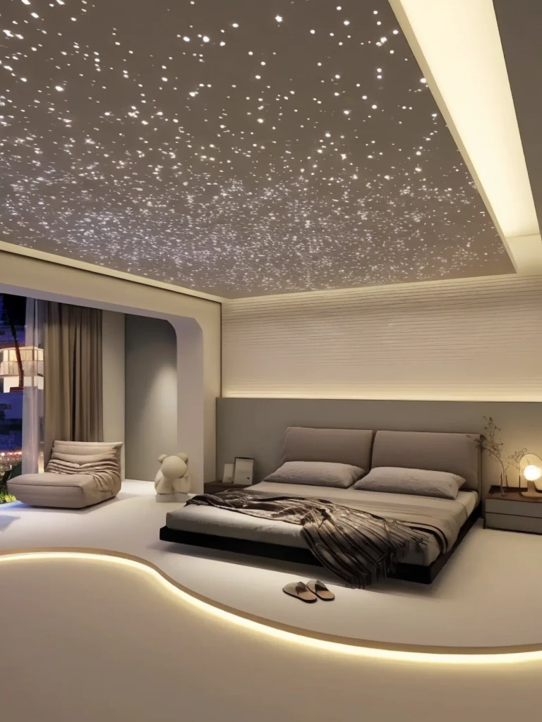 The husband&#39;s bedroom has a bed and a large window with a city view, Dynamic light stars, stunning stars, luxurious environment,  ceilings, luxury hd render, ceiling hides in the dark, Galaxy themed rooms, beautiful space, extremely rich, Twinkling stars, Dramatic fantastic lighting, crystal room, futuristic room, glowing stars