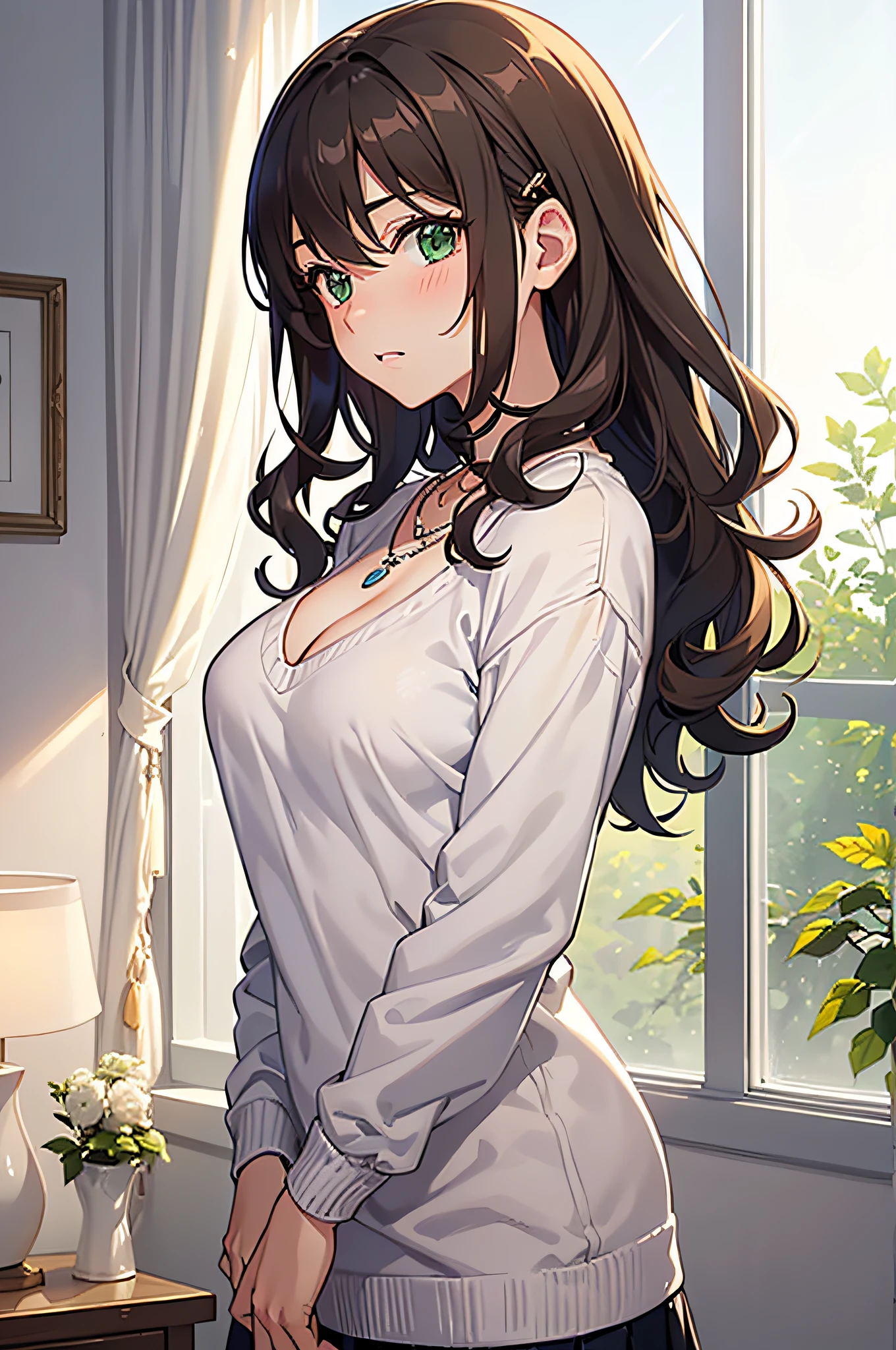 (masutepiece, Best Quality, hight resolution, nffsw, Perfect Pixel, depth of fields, 4K, nffsw, nffsw))), (Yumegatari), 1girl in, Single, Solo, Beautiful anime girl, Beautiful Art Style, Anime Character, 24 years old, ((Long hair, Bangs, dark brown hair, Curly hair:1.2, hair pin)), ((Detailed face, Blushing:1.2)), ((Detailed eyes, Green eyes:1.8, sparkling effect, detailed eyelash, Beautiful eyelashes)), ((Smooth texture:0.75, Realistic texture:0.55, Anime CG style)), ((medium breasts, cleavage)), Dynamic Angle, busty, Perfect body, ((close up, POV, Portrait, Cute)), ((White sweater, Skirt, Sliver Necklace)), Morning scenery, Natural light, From Side, (Indoor, Bedroom, by the window)