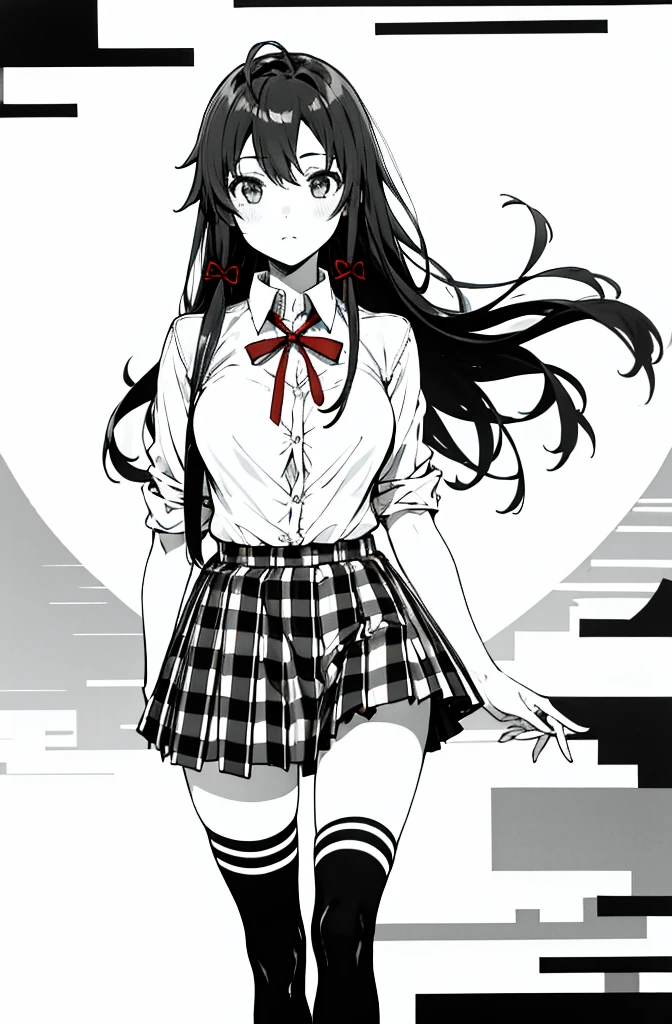 1 girl as yukino yukinoshita, absurdres, highres, solo, school uniform, big breasts, waist long black hair, (twintails:0.5), miniskirt, black thighhigh socks, loose red ribbon, unbuttoned white shirt