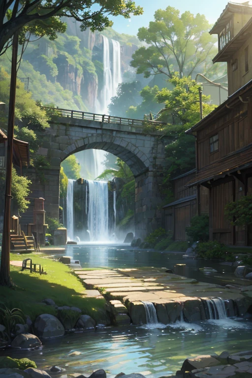 (best quality,4k,8k,highres,masterpiece:1.2),ultra-detailed,(realistic,photorealistic,photo-realistic:1.37),wooden-framed magical water gate close-up,random background scenery,water tank,sewer background,Attack on Titan landscape,reservoir,anime scenery,anime landscape concept art,sewer pipe entrance,rendered beautifully,water temple,fountain,anime background,anime background art,sewer,mill with water wheel
