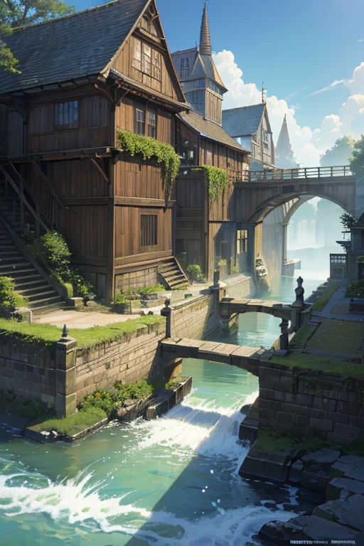 (best quality,4k,8k,highres,masterpiece:1.2),ultra-detailed,(realistic,photorealistic,photo-realistic:1.37),wooden-framed magical water gate close-up,random background scenery,water tank,sewer background,Attack on Titan landscape,reservoir,anime scenery,anime landscape concept art,sewer pipe entrance,rendered beautifully,water temple,fountain,anime background,anime background art,sewer,mill with water wheel
