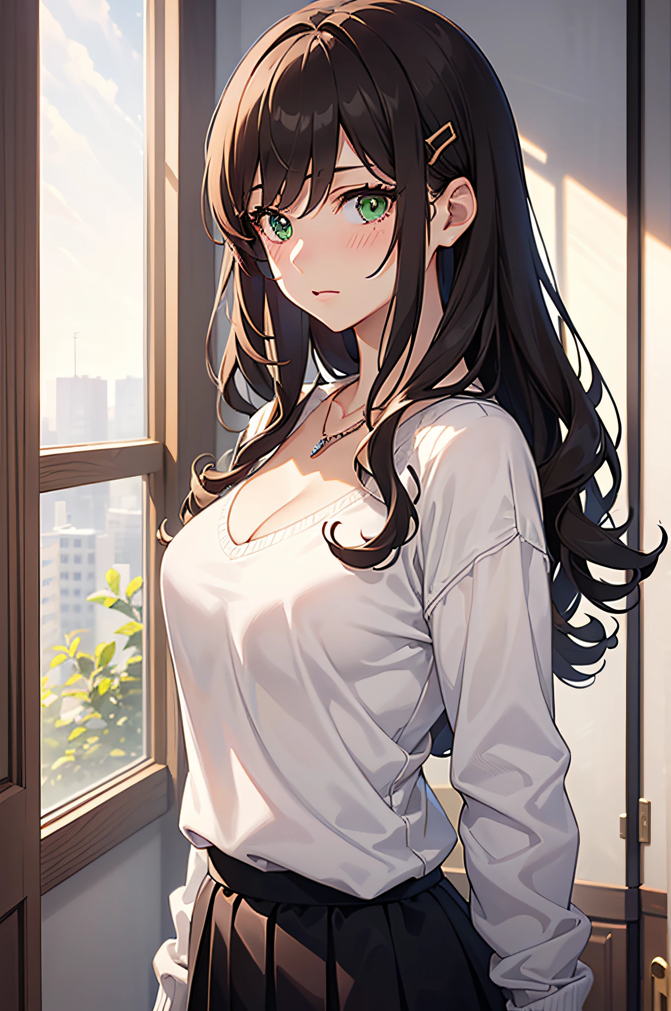 (masutepiece, Best Quality, hight resolution, nffsw, Perfect Pixel, depth of fields, 4K, nffsw, nffsw))), (Yumegatari), 1girl in, Single, Solo, Beautiful anime girl, Beautiful Art Style, Anime Character, 24 years old, ((Long hair, Bangs, dark brown hair, Curly hair:1.2, hair pin)), ((Detailed face, Blushing:1.2)), ((Detailed eyes, Green eyes:1.8, sparkling effect, detailed eyelash, Beautiful eyelashes)), ((Smooth texture:0.75, Realistic texture:0.55, Anime CG style)), ((medium breasts, cleavage)), Dynamic Angle, busty, Perfect body, ((close up, POV, Portrait, Cute)), ((White sweater, Skirt, Sliver Necklace)), Morning scenery, Natural light, From Side, (Indoor, Bedroom, by the window)