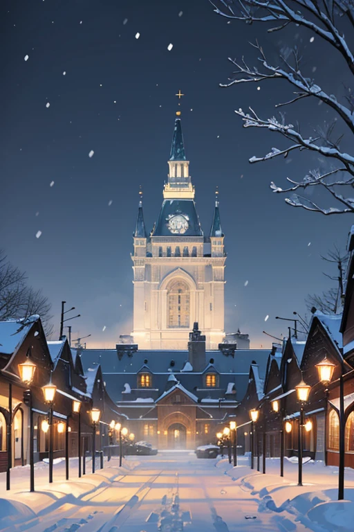Snowy scene of the city with church and carriage, House background, Arte conceitual de inverno, Small town background, background artwork, Strong winter aesthetics, arte de fundo, highschool background, palace background, random background scene, Snowy environment, Anime background art, victoria city, Snowy background, castle background, Snowy winter scene, victoria city, tas'It's snowing in the city,oda'It snowed a lot