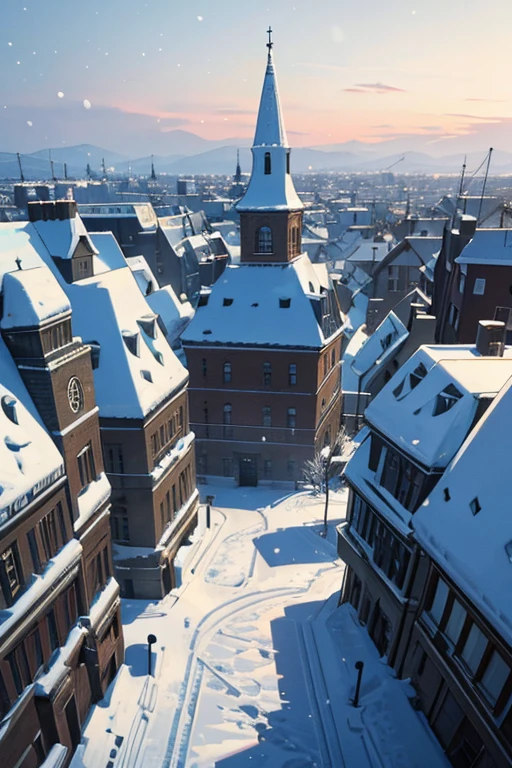 Snowy scene of the city with church and carriage, House background, Arte conceitual de inverno, Small town background, background artwork, Strong winter aesthetics, arte de fundo, highschool background, palace background, random background scene, Snowy environment, Anime background art, victoria city, Snowy background, castle background, Snowy winter scene, victoria city, tas'It's snowing in the city,oda'It snowed a lot