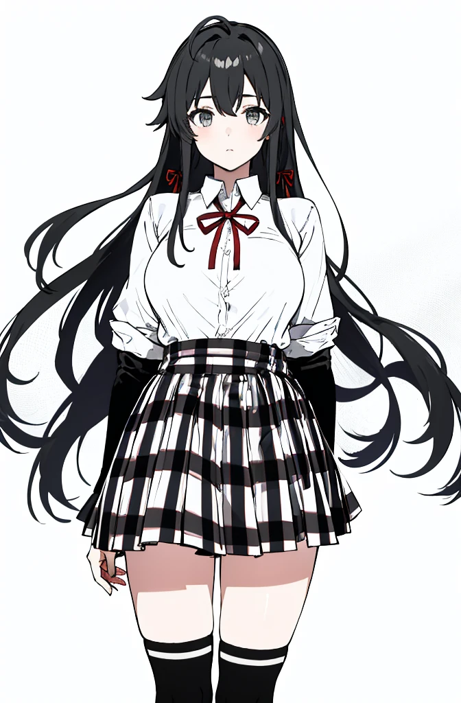 1 girl as yukino yukinoshita, absurdres, highres, solo, school uniform, big breasts, waist long black hair, (twintails:0.5), miniskirt, black thighhigh socks, loose red ribbon, unbuttoned white shirt