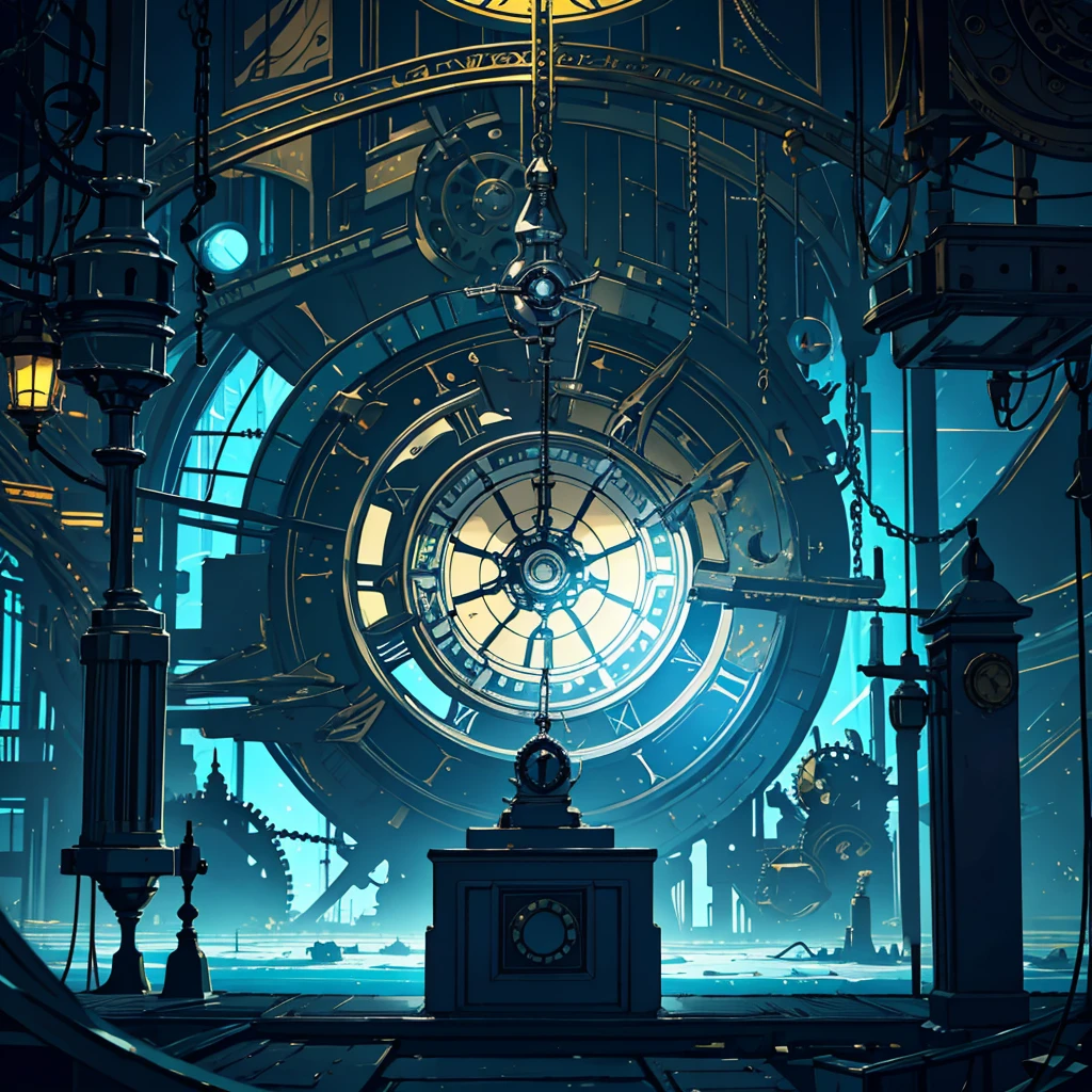 absurdres, best quality, fine detailed, 8k, no humans, blue sky, white cloud, Many huge colorful clocks and gears floating in a dimly lit large room, a huge clock decorated with silver crystal texture, white gears of various sizes, royal great laboratory, clock-themed ornament, silver chain, green circuit diagram, steampunk, ray tracing, refraction, cinematic lighting, fisheye lens, tyndall effect