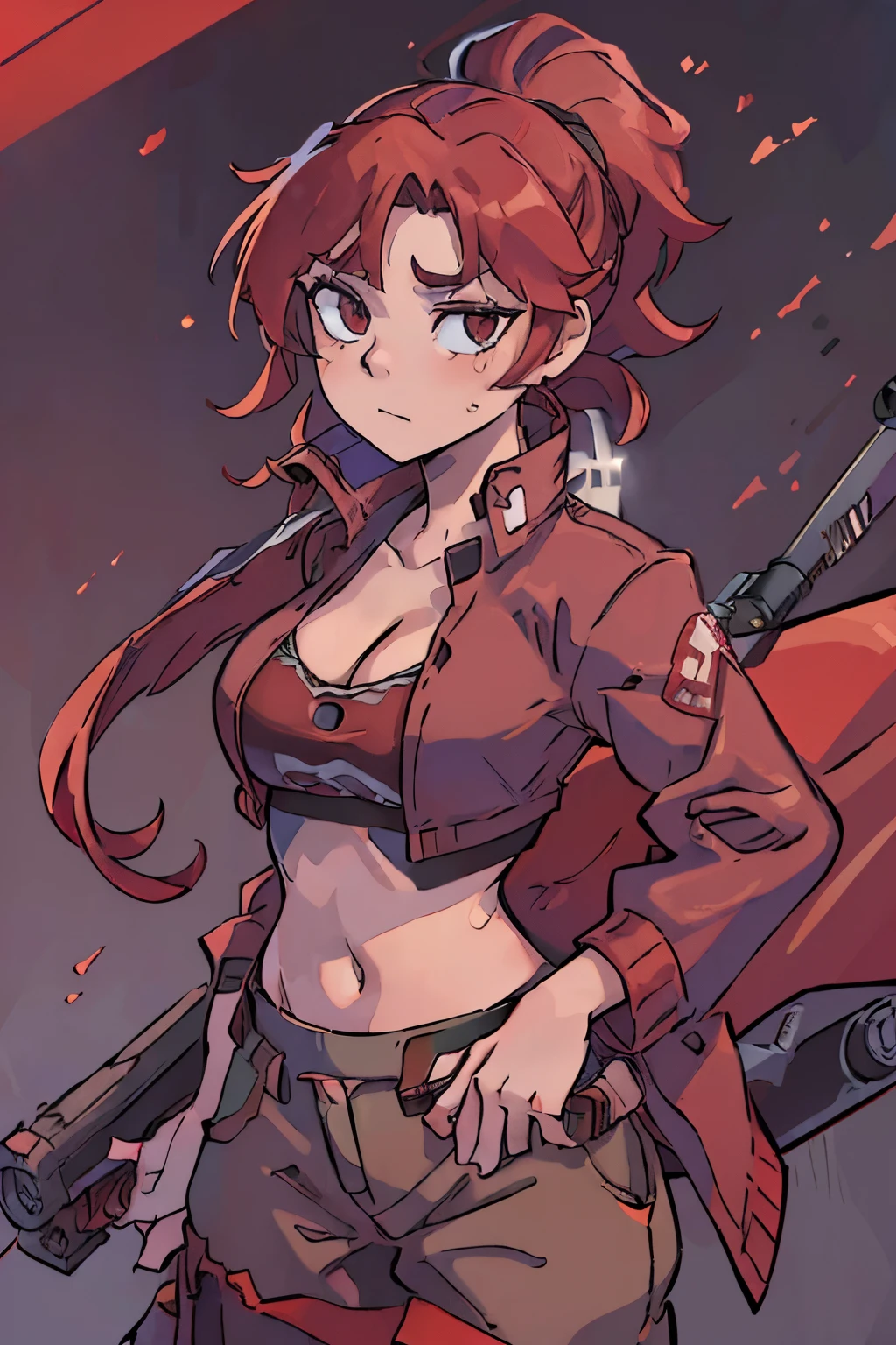 (a)redhaired woman,(a)open long coat,(a)cowboy hat,(a)rifle slung over her back,(a)katana on her hip,(best quality,4k,8k,highres,masterpiece:1.2),ultra-detailed,physically-based rendering,(ivid colors,portrait,red color tone,studio lighting, short pants, show midriff, pronounced cleavage
