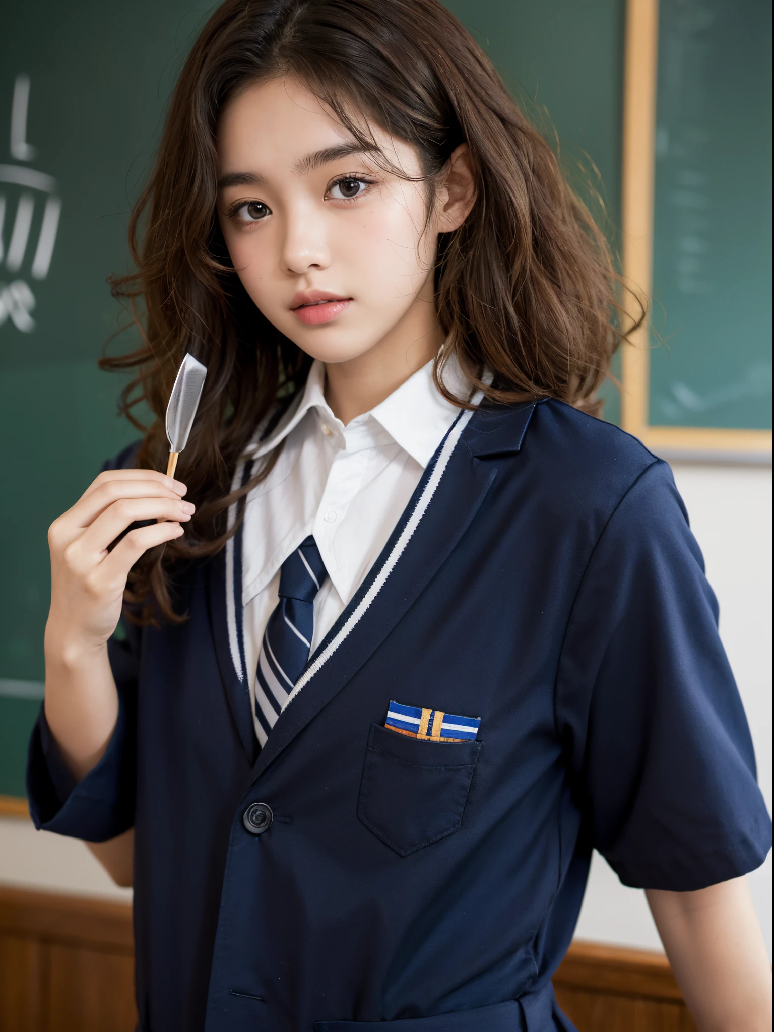 boy, 17 y.o, curly hair, highschool uniform, classroom