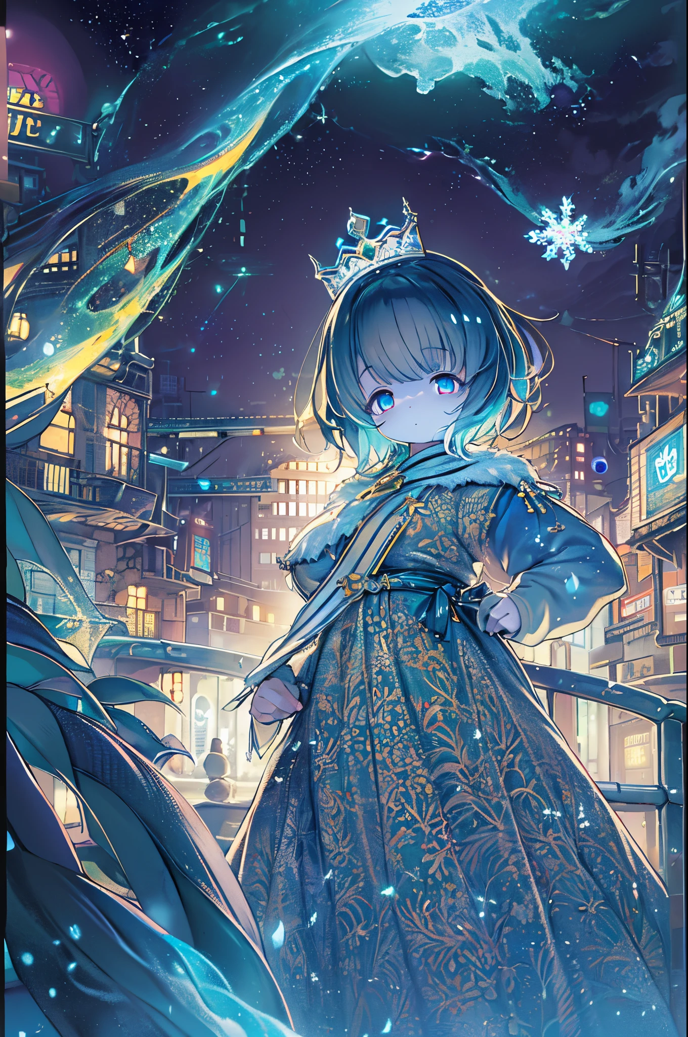 Night, ((1 girl)), Alone, masutepiece, 8K Wallpaper, hight resolution, absurderes, high quality background, Short hair, Black hair, Multicolor Hair, Beautiful frozen village, (Bright moon full), Blue Dress, detailed dress, Jewelry Dresses, (Magic:1.2), blue fire, Blue eyes, Glowing eyes, fire, Ice Goddess, (Beautiful crown with blue details), electricity, Blue Electric, Cyan light particles