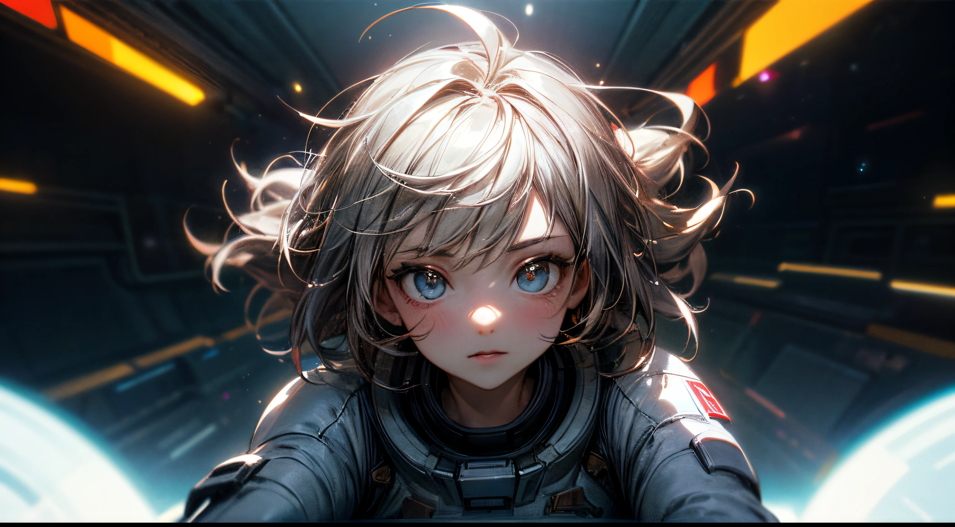 (Masterpiece, best quality: 1.2), in space, in a spacesuit, facing the camera, looking from the bottom up, gray hair, messy hair, expressive hair, sparkling eyes, concept art, luminescism, cinematic lighting, glitter, ray tracing, depth of field, face close-up, 1girl, solo, digital art, intricate details, exquisite patterns, cinematic lighting, professional artwork, mysterious, cinematic déjà vu, motion blur,