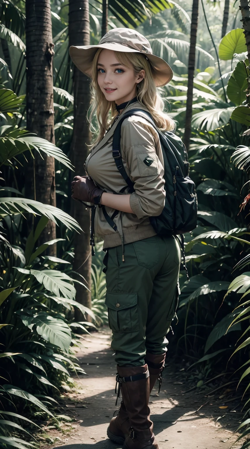 a 25yo woman、platinum-blonde、blue eyess、Semi-long、Hair is tied up、accessories on the wrist、wearing a choker、a smile、Feminine body shape、huge tit、I don't want my head to disappear from the screen.、wearing a tropical jacket、wearing cargo pants、I'm in a jungle with dense trees.、He is carrying a large backpack that is bulging out.、wearing a boonie hat、a smile、wearing jungle boots、wearing dark green gloves