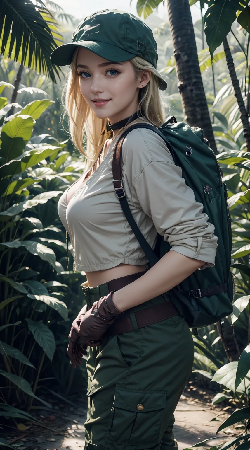 a 25yo woman、platinum-blonde、blue eyess、Semi-long、Hair is tied up、accessories on the wrist、wearing a choker、a smile、Feminine body shape、huge tit、I don&#39;t want my head to disappear from the screen.、wearing a tropical jacket、wearing cargo pants、I&#39;m in a jungle with dense trees.、He is carrying a large backpack that is bulging out.、wearing a boonie hat、a smile、wearing jungle boots、wearing dark green gloves