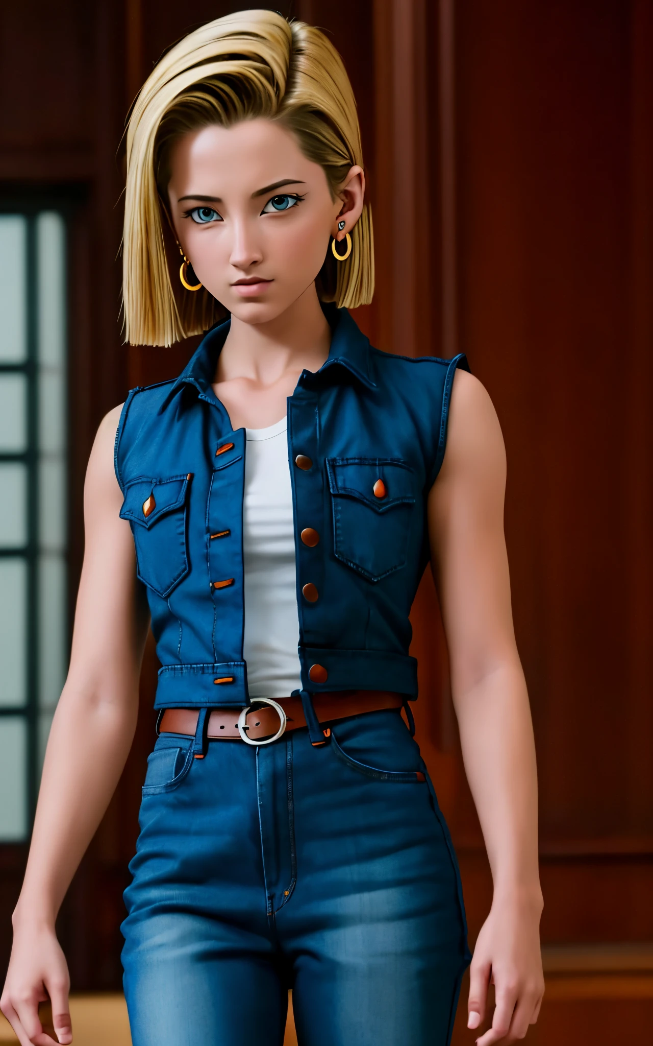 (masterpiece, best quality), realistic version of android18, earrings, denim, belt upper body, focus face, perfect face, Emily Rudd.