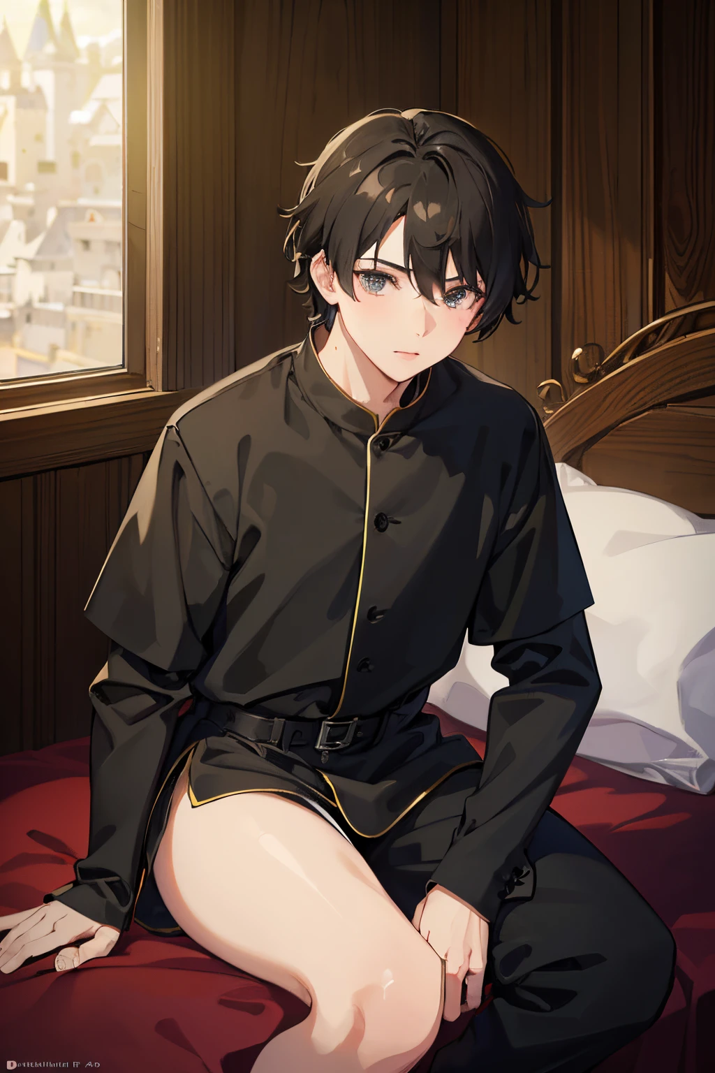 (best quality, 4k, 8k, Ultra high resolution, piece of master: 1.2), ultra-detalhado, Era medieval, menino, 15 anos, short messy black hair, Olhos escuros, surpreso, pijama nobre, sentado em uma cama nobre, vivid colors , retrato, soft lighting, mystic atmosphere