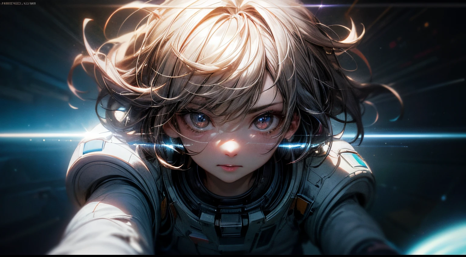 (Masterpiece, best quality: 1.2), in space, in a spacesuit, facing the camera, looking from the bottom up, gray hair, messy hair, expressive hair, sparkling eyes, concept art, luminescism, cinematic lighting, glitter, ray tracing, depth of field, face close-up, 1girl, solo, digital art, intricate details, exquisite patterns, cinematic lighting, professional artwork, mysterious, cinematic déjà vu, motion blur,