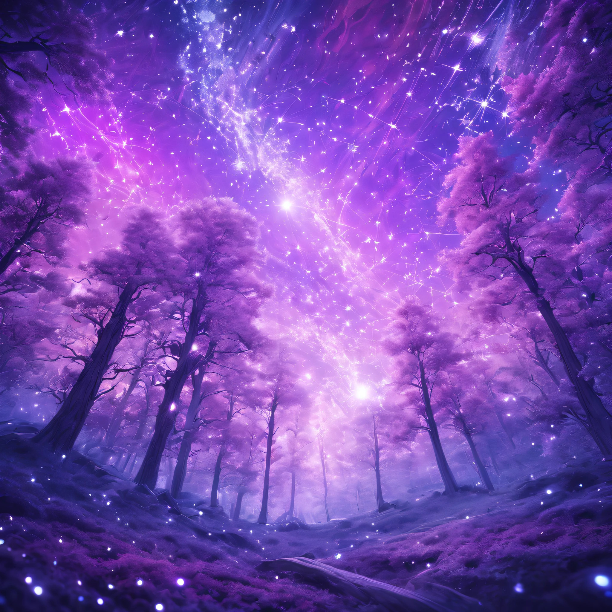 A captivating cosmic view featuring a constellation shaped like a mystical forest, with intricate patterns in enchanting tones of purples, pinks, and whites. best quality, masterpiece, ultra-detailed, 8k, depth of field, cinematic composition, Light Celestial radiance, with the vibrant hues