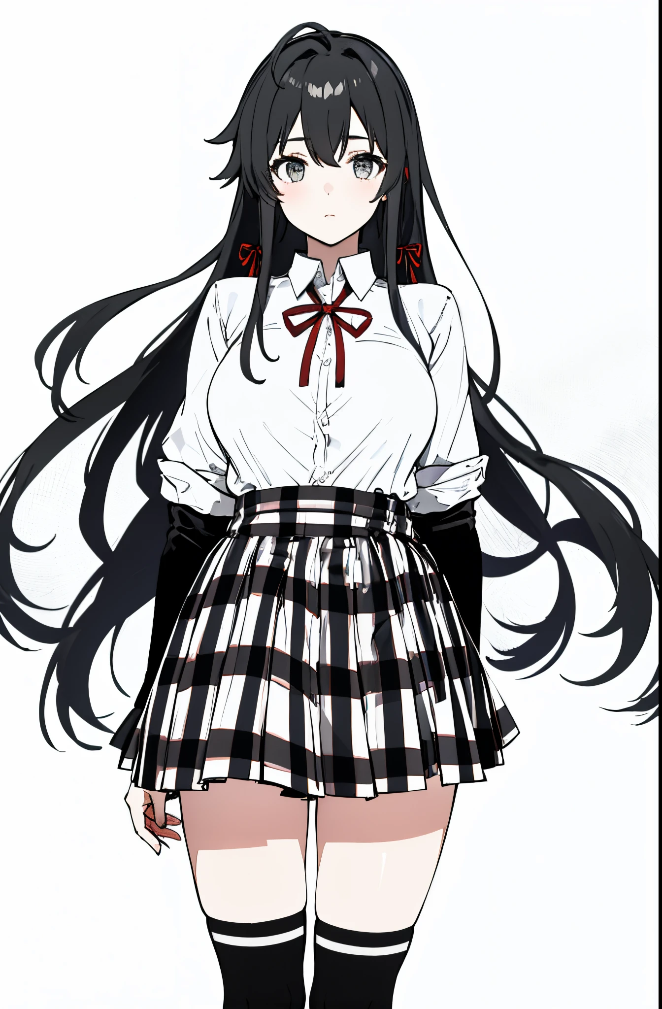 1 girl as yukino yukinoshita, absurdres, highres, solo, school uniform, big breasts, waist long black hair, (twintails:0.5), miniskirt, black thighhigh socks, loose red ribbon, unbuttoned white shirt