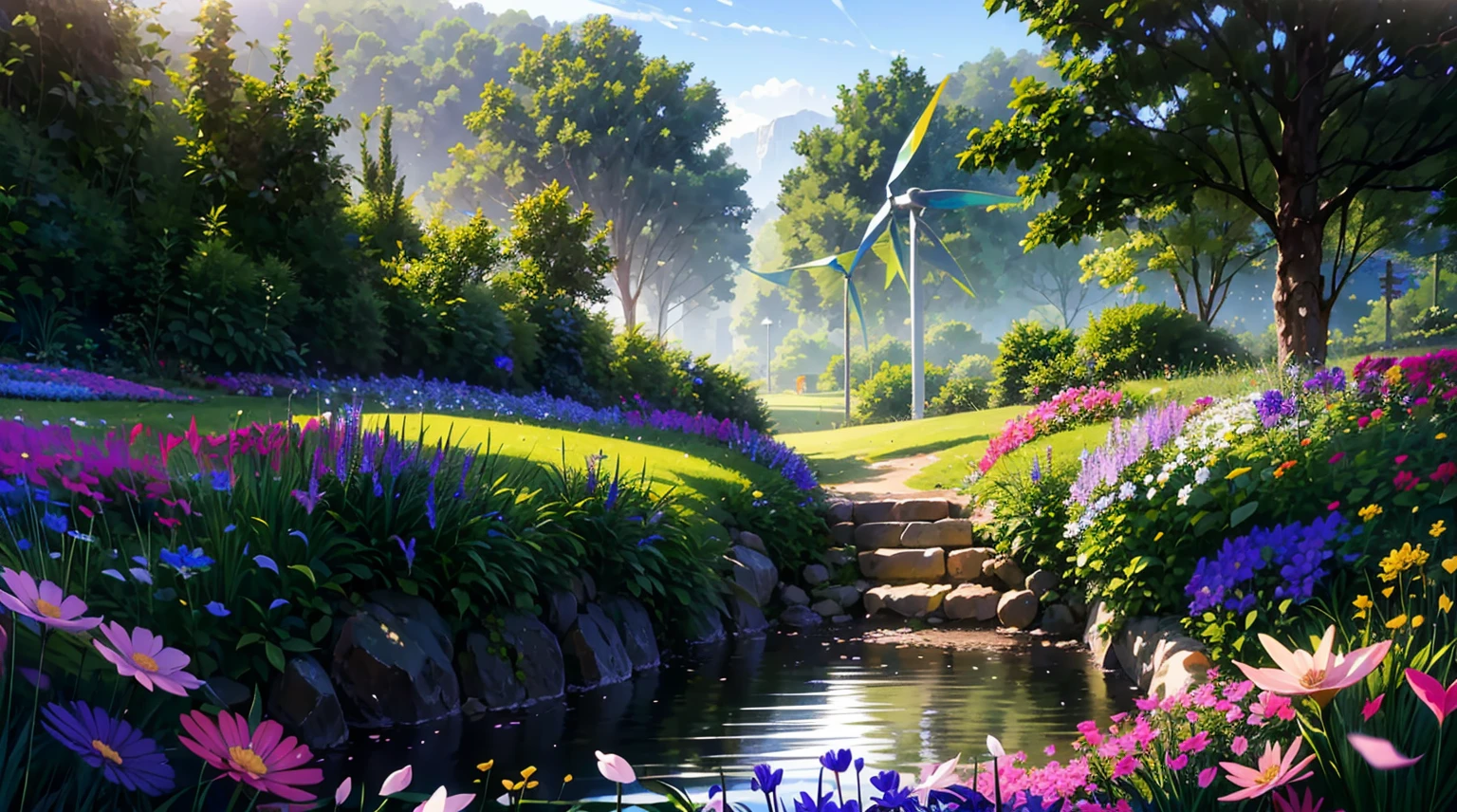masterpiece, top-quality, (hight resolution:1.2), (extremely detailed CG unified 8k wallpaper), (Stylish design:1.4), (Beautiful lighting,光线追踪), (35mmF/1.8, captured on canon eos r 6), ((wind turbines)),(A wide variety of flowers), (Extensive flower garden),Extraordinary image,stunning landscape,natural beauty,Vibrant colors,serene ambiance,Impressive details,Dreams,tranquil surroundings,Calm and harmony,tranquil surroundings,sunny sky,gentle wind,(Dancing Flowers,Delicate petals),warm sunlight,(Soft pastel colors),Exquisite craftsmanship,Precise brushwork,lifelike textures,Realistic depiction,magical feeling vibes,A moment of bliss,Totally captivating,ethereal beauty,Tranquility at its best