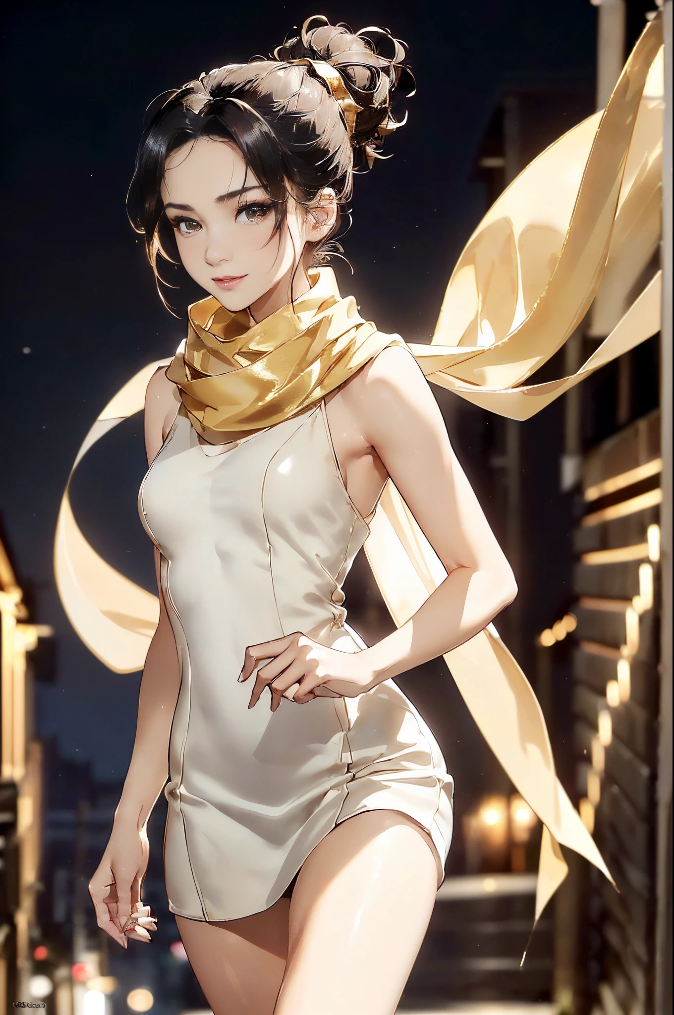 (black bun hairstyle:1),((((8k))),((Extremely meticulous CG)) ,(wallpaper),16k,((Extremely refined and beautiful))，(((Masterpiece))),(((best qualtiy))),(((Ultra High Resolution))),beautiful light up，Perfect lightning，realistic shaded，[A high resolution],(Smooth and flawless fair skin:1.5),Extremely exquisite facial details,(perfect body：1.1),ultra - detailed,A beautiful girl,small head,((very short ponytail)),small face,Exquisite makeup,(Small breasts:1.1),Flat chests,slim,thin,happy,Smile,(white Scarf:1.2),(Golden short dress:1.3),(slender legs:1.2),high heels,(night scene:1.5),In a alley,dark light,(detailed background:1.5),outdoor,(standing),looking at viewer,(full body:1.2)