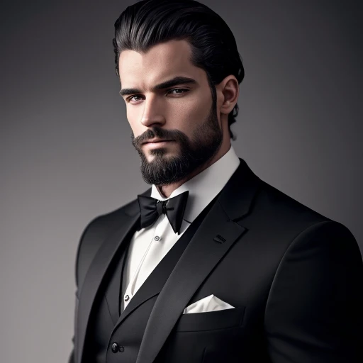 Faire un bel homme de 40 ans dans un costume noir et une cravate, PDG, cheveux et barbe bruns, (Homme en costume noir et cravate), ), Attractive and serious look, cheveux noirs courts, Elegant and elegant, Shave Tightly Fitting in Suit and Strong Body, (highly quality, Realistic images), Dark and light black on image background, Style de film, ((premier quality, 8k, шедевр), Ultra High Definition Photo, (Beautiful detailed faces, detail skin texture, Hyperdetailed body:1.1)