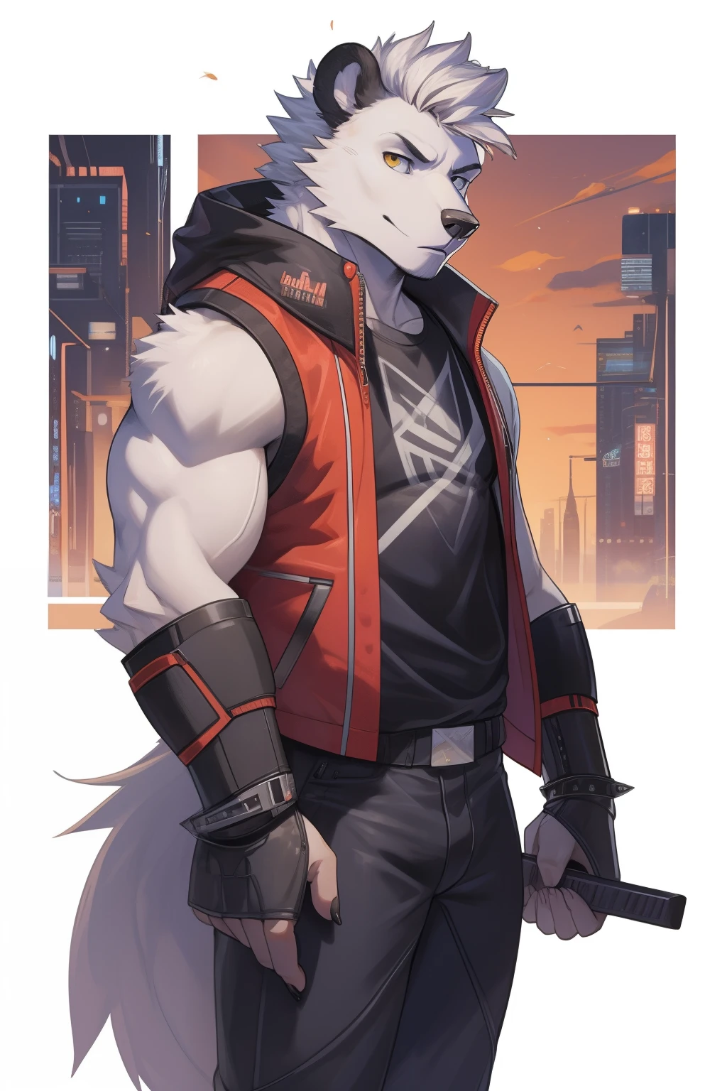 (reference sheet: 1.2), male solo, landscape, official art, wallpaper, polar bear, bara, muscular, yellow eyes, holding katana, white hair, white body, sleeveless jacket, t-shirt, fully clothed, ultra-clear screen, soft lines, textured skin, tech style, solo person, muscular, cyberpunk character, spiky hair, punk pants, drip