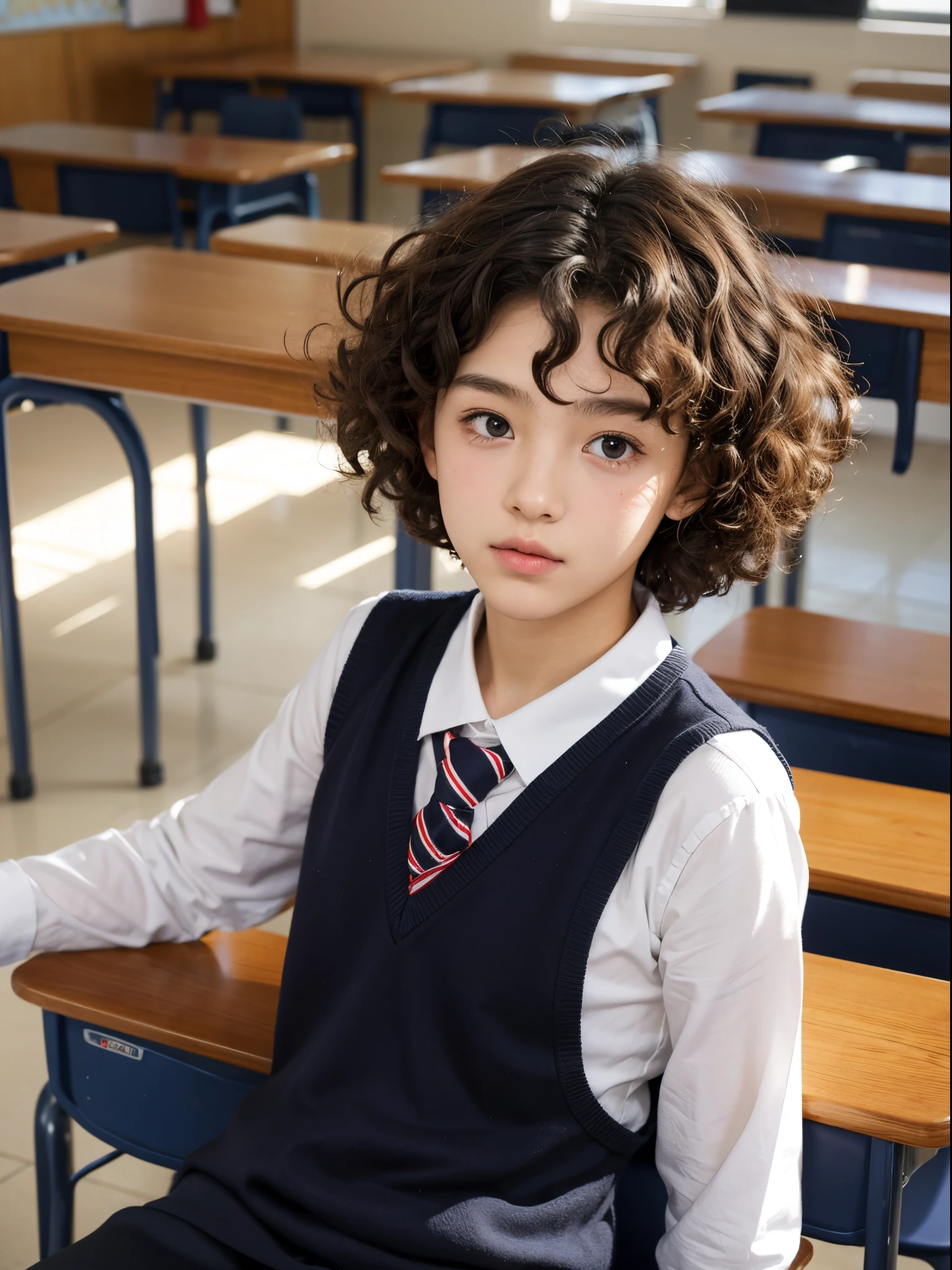 boy, 17 y.o, curly hair, highschool uniform, classroom