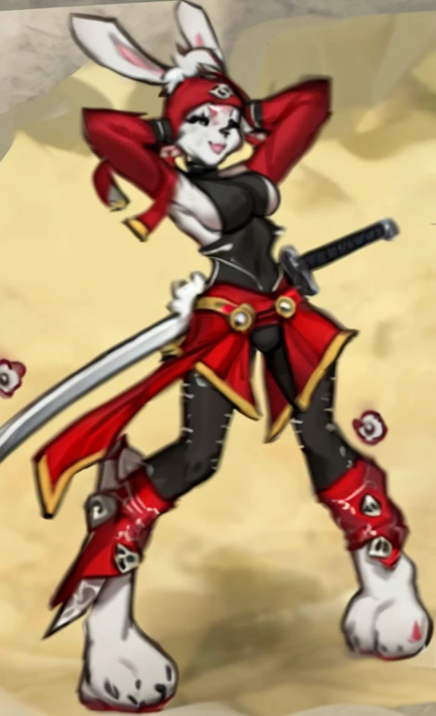 full body image, bunny girl, furry, white fur, bunnt ear, ninja girl, big boob, sword in the back