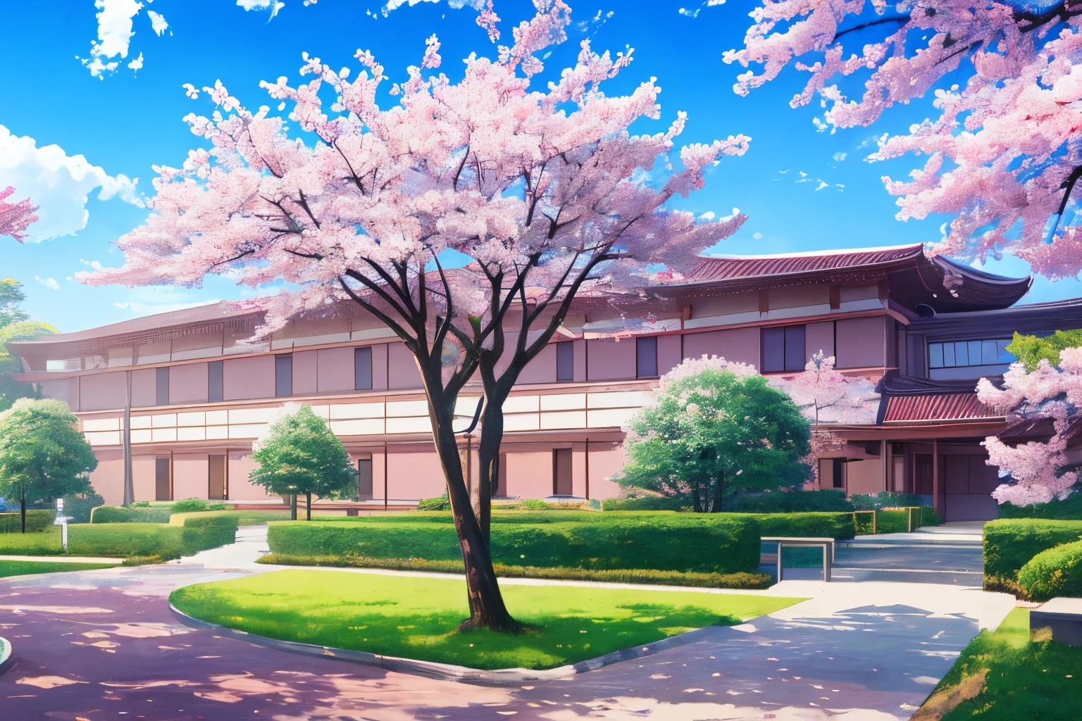 Anime Highshool with Bigbuilding and Sunny sky and Cherry Blossom tree