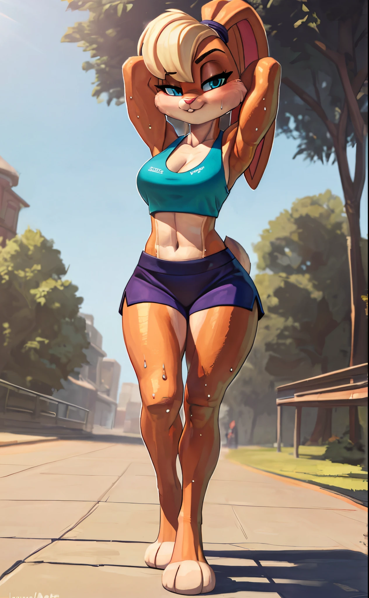 [lola bunny], [Uploaded to e621.net; (Pixelsketcher), (wamudraws)], ((masterpiece)), ((high res)), ((HD)), ((solo portrait)), ((full body)), ((front view)), ((feet visible)), ((furry; anthro)), ((detailed fur)), ((detailed shading)), ((beautiful render art)), ((intricate details)), {anthro rabbit; (slim figure), (beige fur), pink nose, (cute blue eyes), (half-closed eyes), (long eyelashes), short blonde hair, (blonde bang), (ears in ponytail), (fluffy tail), (small boobs), (curvy hips), (thick thighs), (defined muscles), (beautiful legs), (beautiful feet), (sweating), (sweat on forehead), (blushing), (smug smirk)}, {(teal tank top), (cleavage), (midriff), (navel), (purple short shorts), (white gloves)}, {(walking), (hands behind head), (looking at viewer)}, [background; (park), (blue sky), (sun rays)]