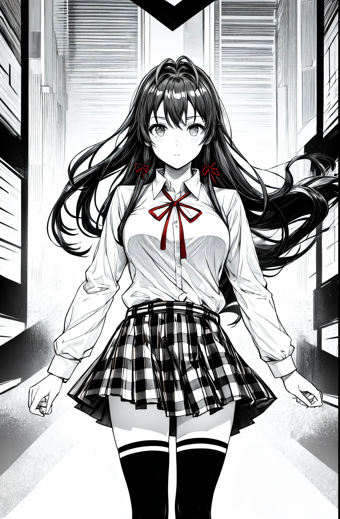 1 girl as yukino yukinoshita, absurdres, highres, solo, school uniform, big breasts, waist long black hair, (twintails:0.5), miniskirt, black thighhigh socks, loose red ribbon, unbuttoned white shirt