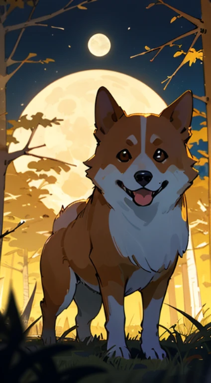 Longshot, Corgi in the forest with the moon behind the trees glowing golden yellow,