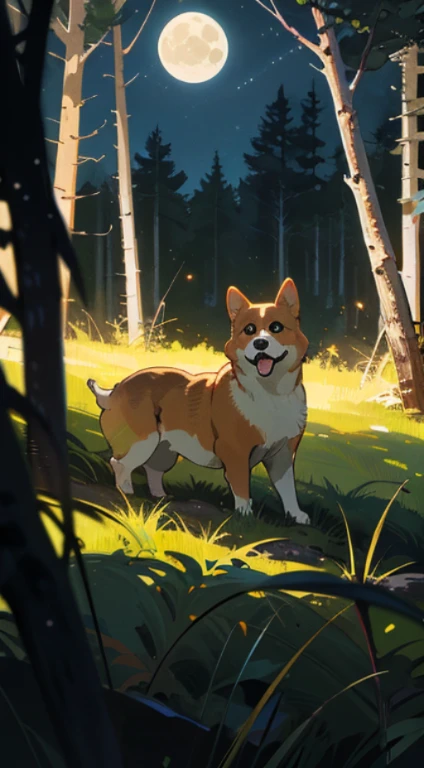 Longshot, Corgi in the forest with the moon behind the trees glowing golden yellow,