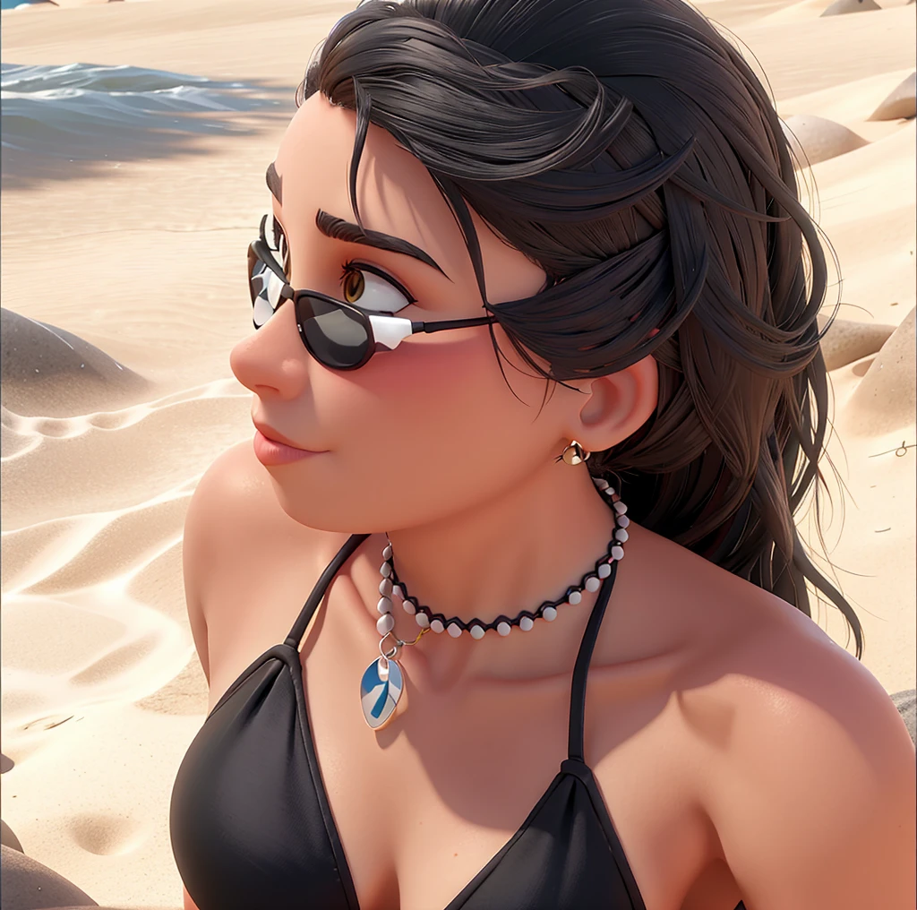 there a woman in a black bikini top and sunglasses on the beach, attractive neck, puka shell necklace, wearing choker, choker around neck, pearl choker, choker on neck, choker, leaked image, profile shot, shell collar!!l, beatiful woman in the beach, at the beach, wearing intricate black choker