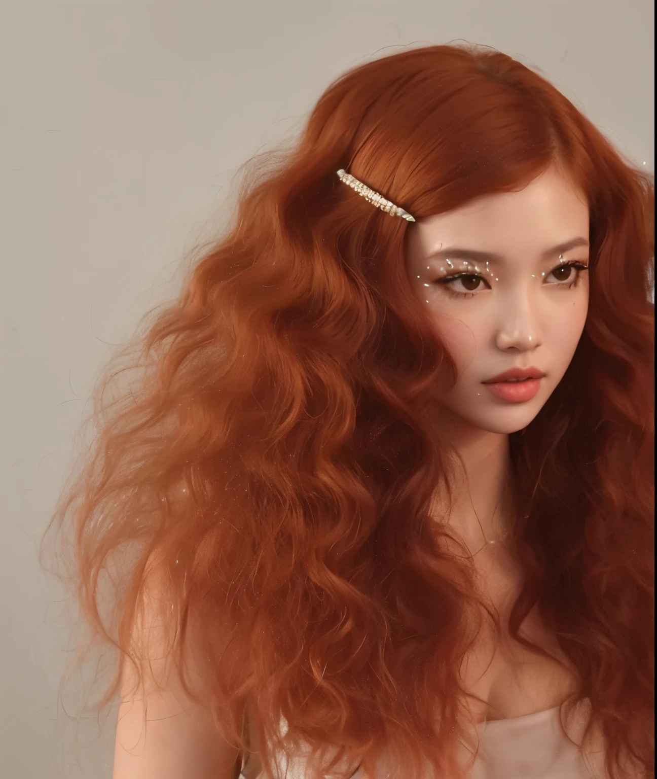 mulher arafada com cabelo ruivo e um capacete branco com uma estrela, cabelo de gengibre selvagem, flowing ginger hair, gengibre cabelo ondulado, cabelos ruivos grandes ondulados, cabelos cacheados cor de cobre, com cabelos ruivos cacheados, longos cabelos vermelhos cachos, cabelos vermelhos ondulados muito longos, cabelo longo de gengibre, cabelo de gengibre, longos cabelos ondulados laranja, longos cabelos vermelhos ondulados, jennie, jennie kim, jennierubyjane, blackpink, jennie do Blackpink