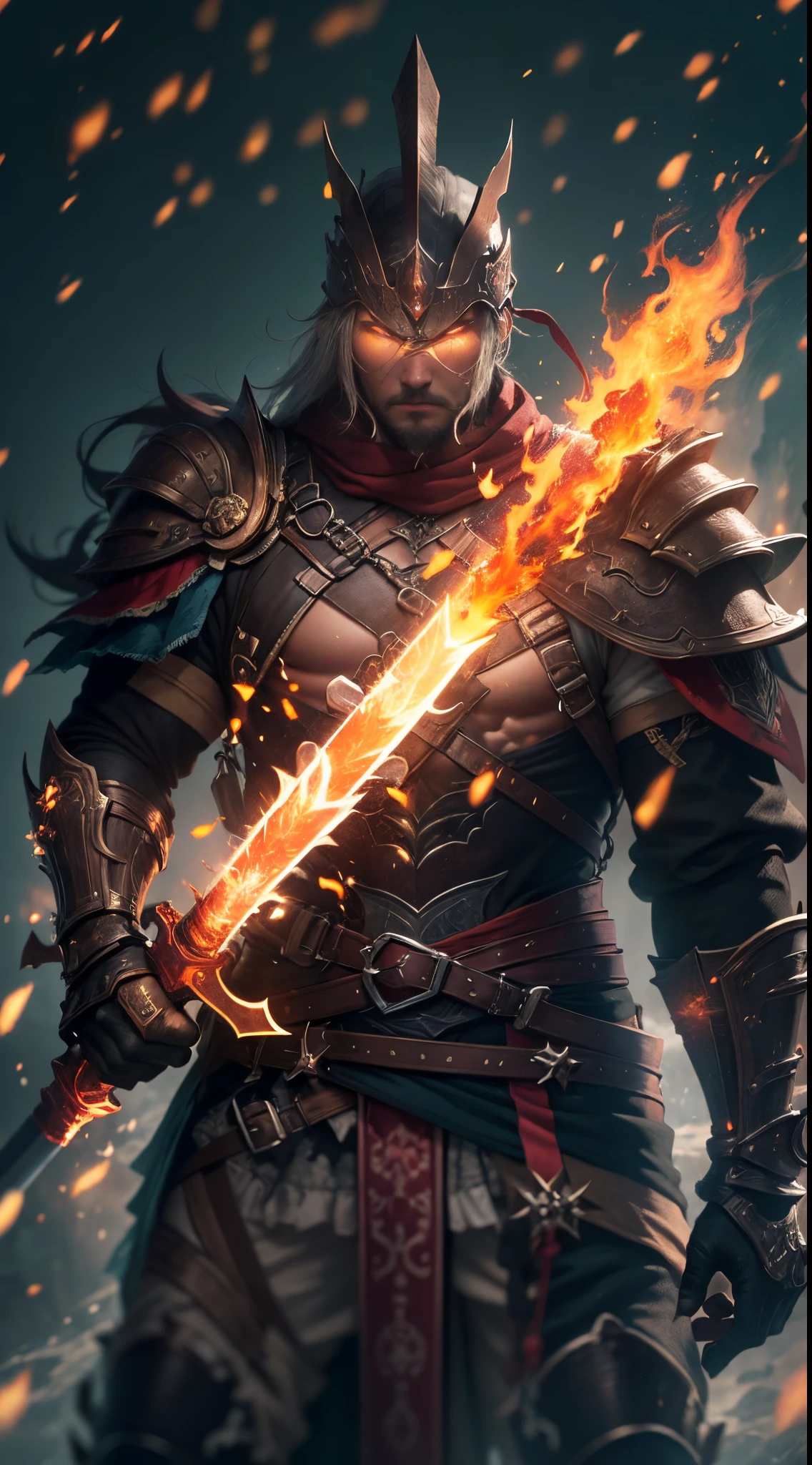 A warrior wielding a burning flame sword, (best quality,4k,highres:1.2),physically-based rendering, vivid colors, bokeh, (intense, dramatic:1.1) lighting, (high-contrast:0.9)