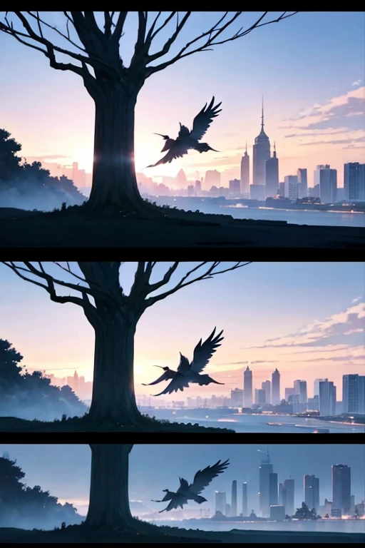 There  a bird flying over a tree in the city, Claymore anime background, Animated static screenshot, anime movie backgrounds, screenshot from the anime film, animated movie still, animated movie still, background artwork, anime movie screenshot, random background scene, Kuro anime screenshots, Screenshot of the 2012 animation, anime backgrounds, Still from anime