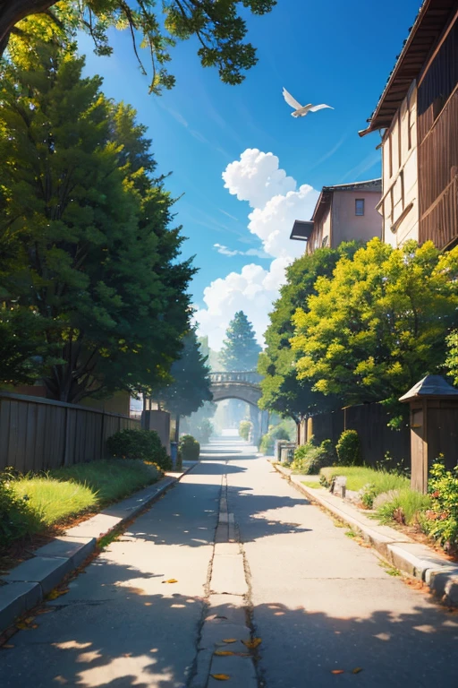 A bird flies over a tree in the city,Claymore style anime background,Vibrant animated still screenshots,Unique and charming anime movie background,Vivid animated movie stillascinating animated movie stills,Artistic background artwork,Creative screenshots from anime movies,Stunning random background scenes,The dynamic in the screenshots of Kuro anime,Animation screenshots from 2012 full of memories,Realistically reproduced anime backgrounds,Anime scene from another world。 (best quality,4k,8k,highres,masterpiece:1.2),ultra-detailed,(realistic,photorealistic,photo-realistic:1.37), vivid colors,bokeh, HDR,studio lighting