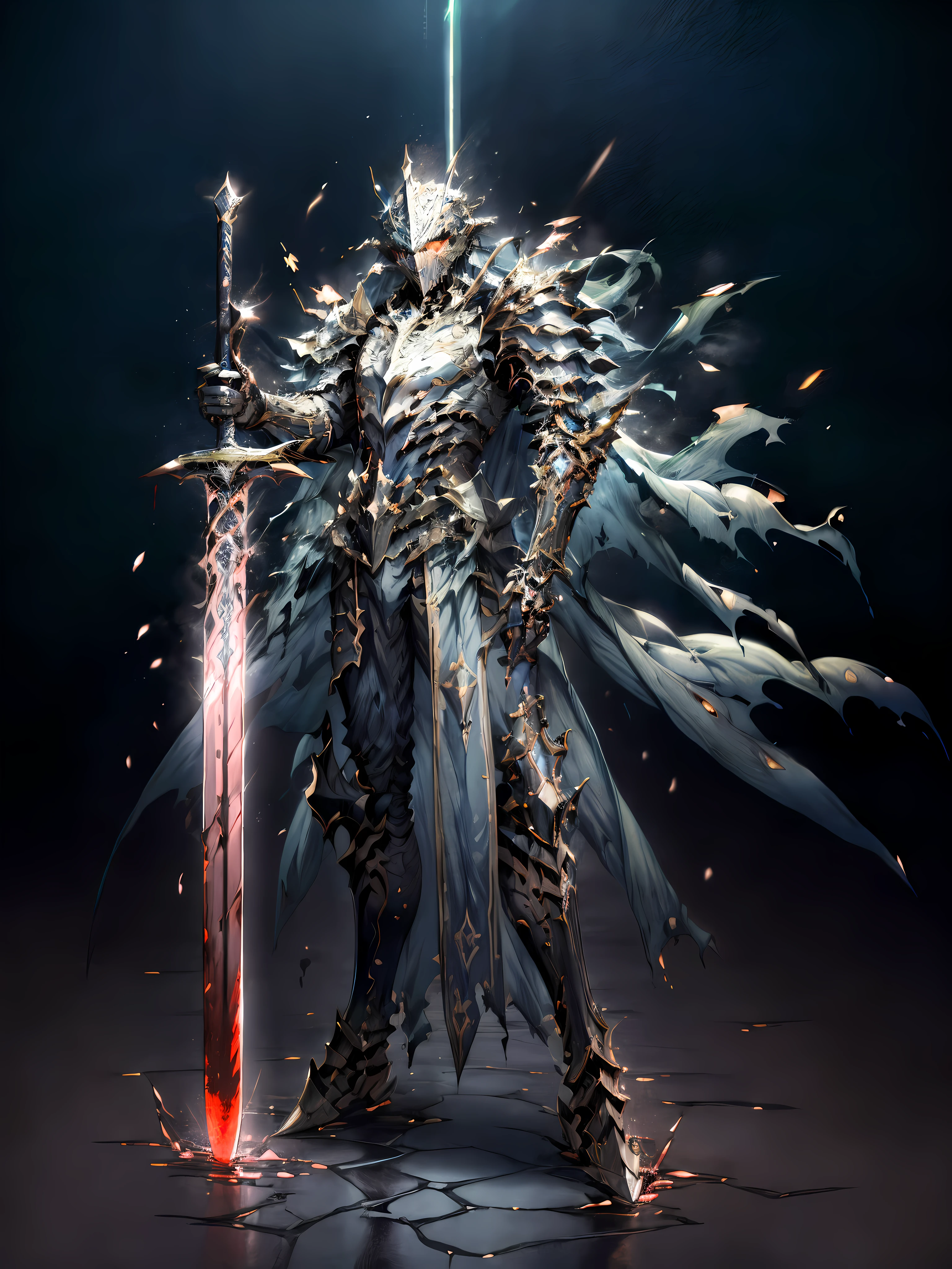 (masterpiece, top quality, best quality, official art, beautiful and aesthetic:1.2),(8k, best quality, masterpiece:1.2),CGDivineSwordsw, weapon, armor, sword, 1boy, solo, holding, male focus, holding weapon, holding sword, glowing, helmet, cape, shoulder armor, torn cape, greaves, torn, torn clothes, standing, gauntlets, pauldrons, blood, glowing weapon, breastplate, full armor, full body art view, glowing eyes, full body, glowing sword, (epic glow:1.4), ultra-high detailed artwork, fused rage colors, dark energy background, rage unleashed,