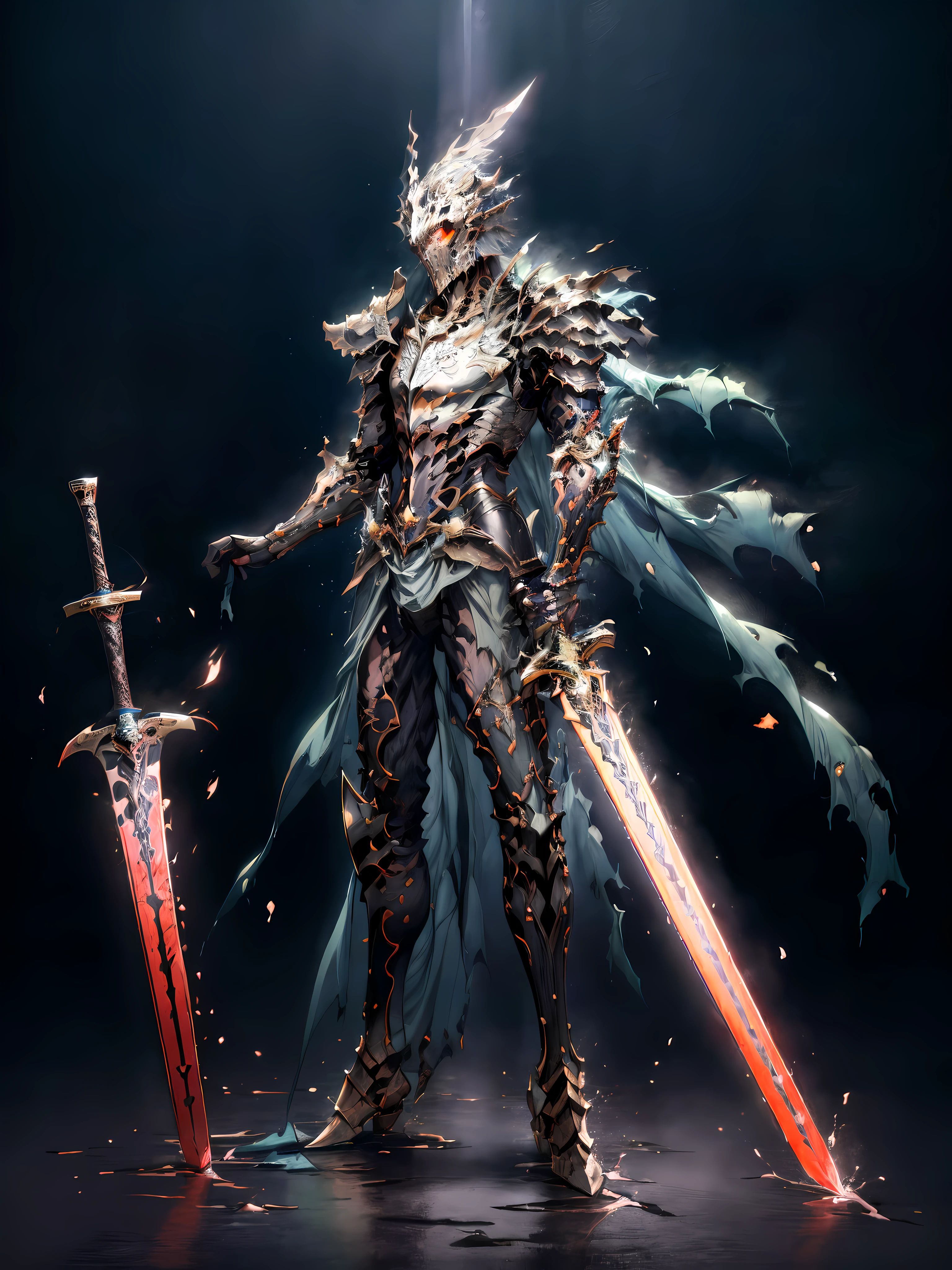 (masterpiece, top quality, best quality, official art, beautiful and aesthetic:1.2),(8k, best quality, masterpiece:1.2),CGDivineSwordsw, weapon, armor, sword, 1boy, solo, holding, male focus, holding weapon, holding sword, glowing, helmet, cape, shoulder armor, torn cape, greaves, torn, torn clothes, standing, gauntlets, pauldrons, blood, glowing weapon, breastplate, full armor, full body art view, glowing eyes, full body, glowing sword, (epic glow:1.4), ultra-high detailed artwork, fused rage colors, dark energy background, rage unleashed,