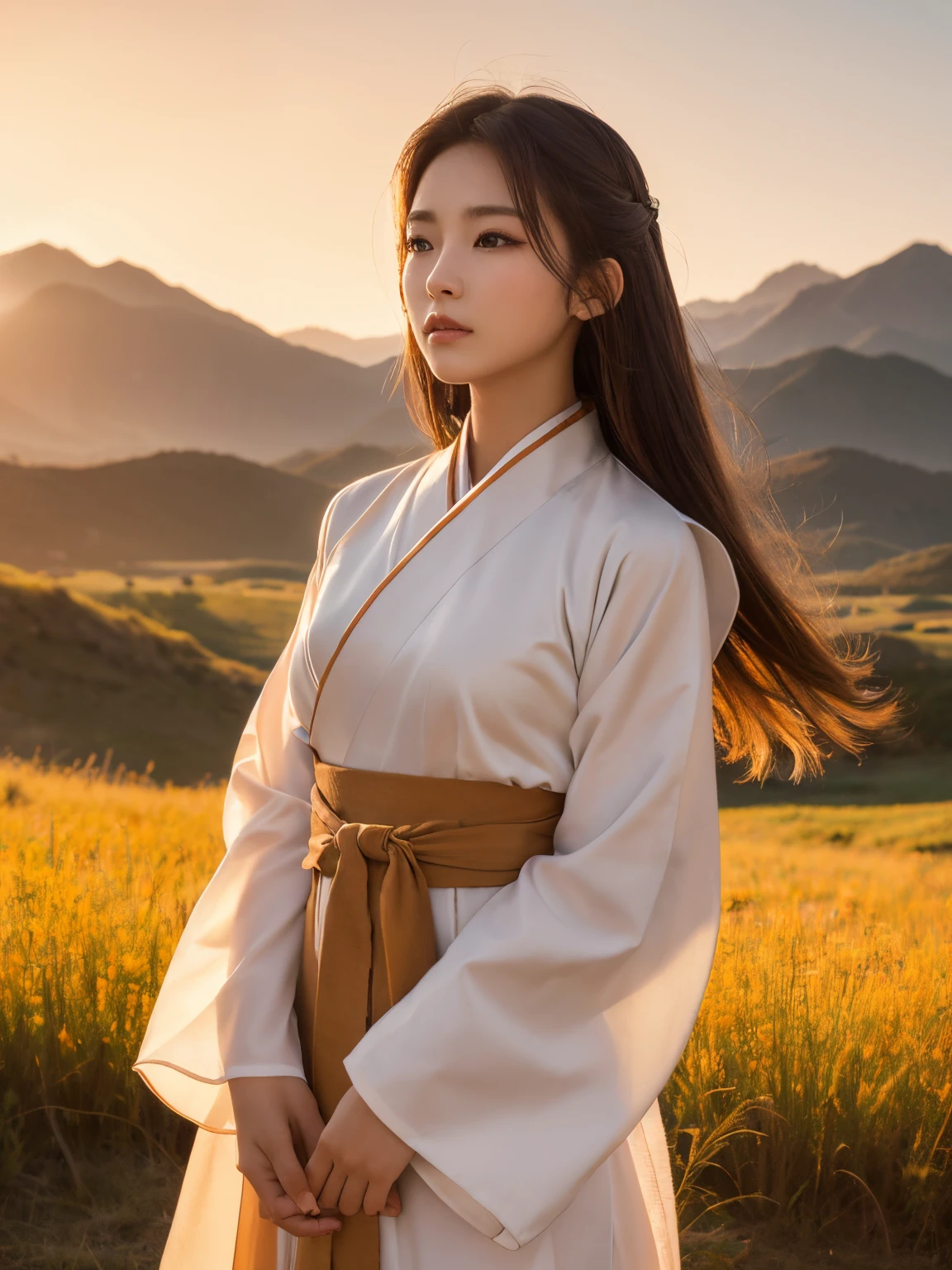 (Best quality at best,4K,8K,A high resolution,tmasterpiece:1.2),ultra - detailed,actual,realisticlying:1.37, 美丽细致的眼睛, beautiful detailed lips, Extremely detailed face, Long eyelashes, intimate view, Classic oil painting, gentlesoftlighting, vivd colour, a warm color palette, atmosphere, Standing in an open field surrounded by mountains, Timid expression, Natural hair, Flawless skin texture, light wind, posing elegantly, nervous energy, Afternoon atmosphere, Frontal shooting, Wearing Korean traditional hanbok. sunraise