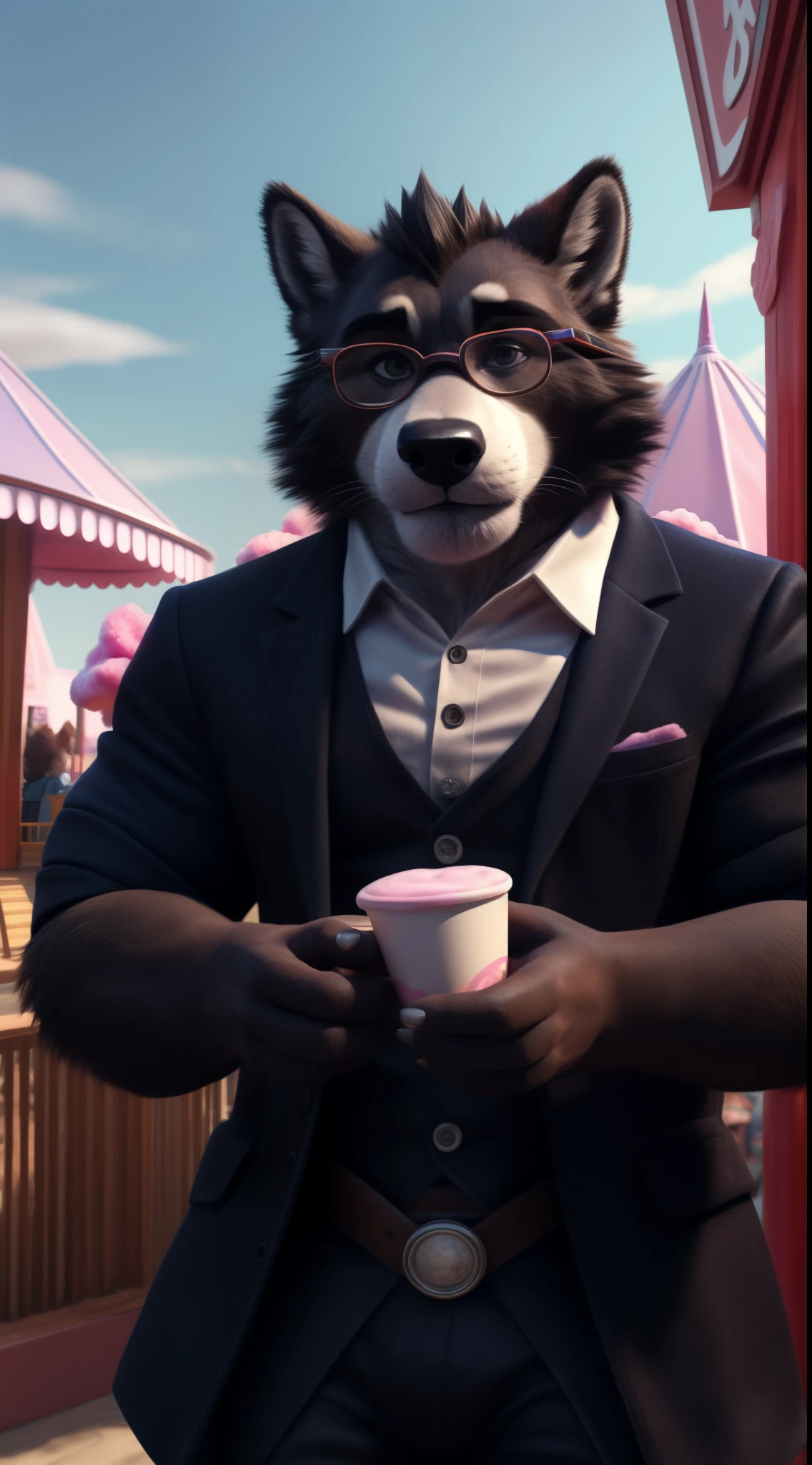 a realistic portrait of a male furry character looking at the viewer eating cotton candy alone in an amusement park wearing nerdola glasses expression full pistol of life ultra realistic digital art in 3D full HD super high quality