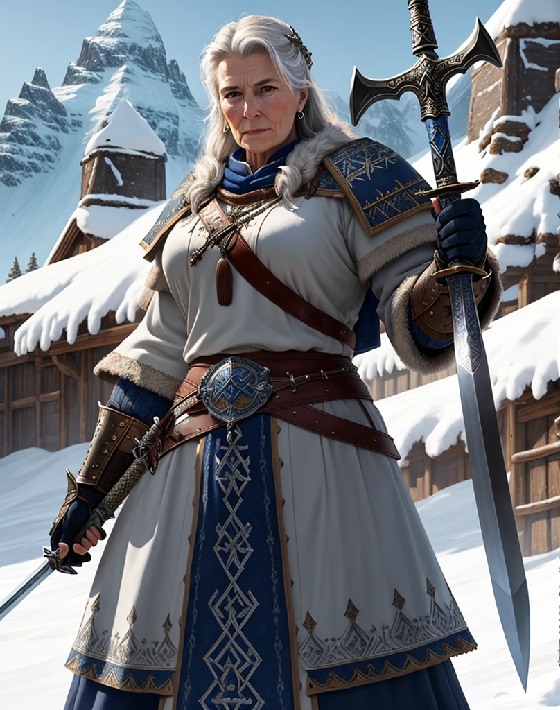 intricate detail, masterpiece, 6'9", Viking attire, broadly built, Mountain, blizzard, blue-grey leathery skin, Older Woman, sword, shield.