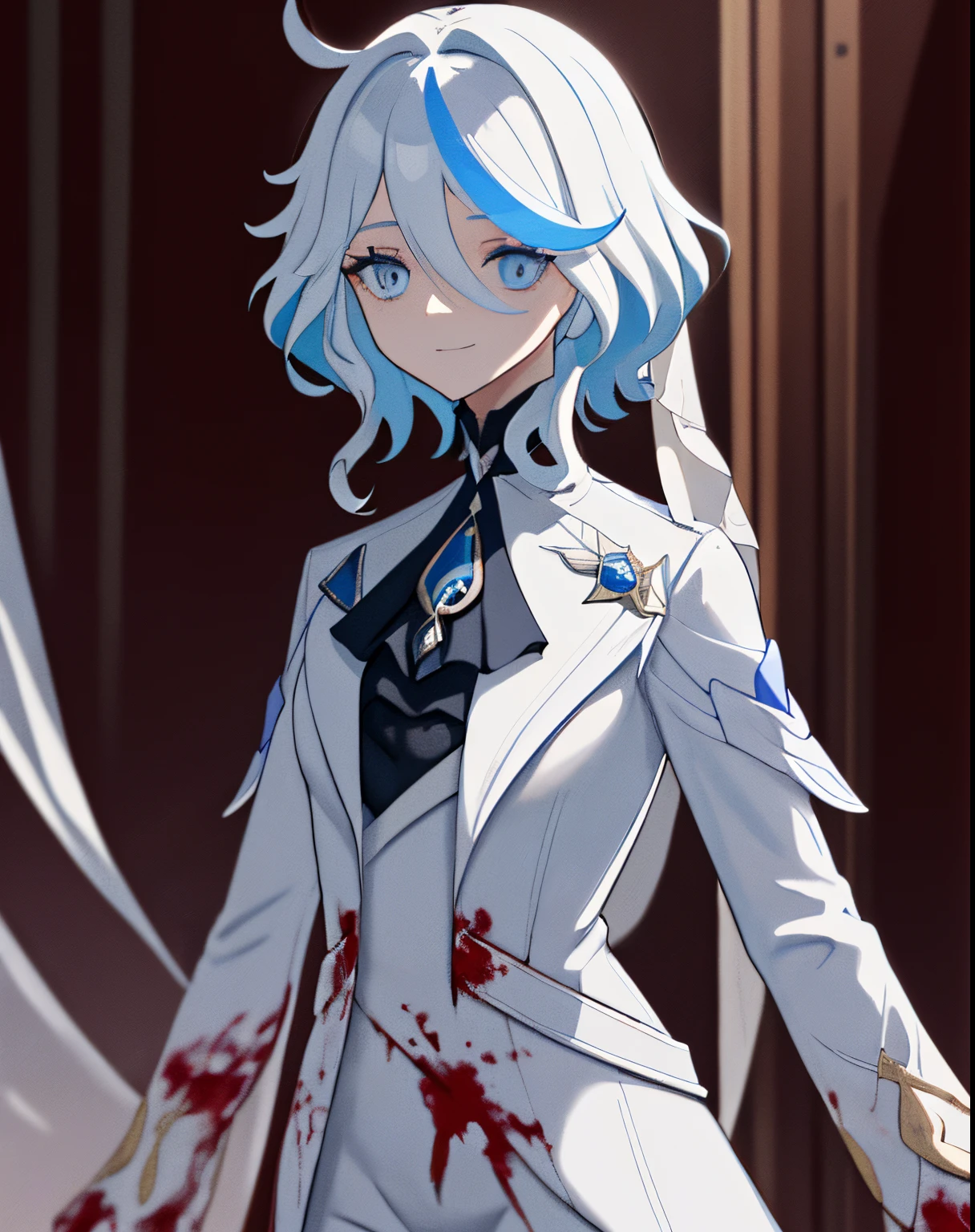 tmasterpiece, Best quality, almero dere, Mad eyes, Sick, blue backdrop, eBlue eyes, empty eyes tired:1.1), eye bags, partially colored, (messy hair:0.9), face expressionless, (looking-down:1.3), (shaded face:1.2), shadows on eyes, seen from the side,White latex coat,tightsuit, skin tight, latex,White jumpsuit,White jumpsuit, shinning clothes, Shiny, steamy,tmasterpiece, Best quality at best, 1 Sister, Forina, genshin impact, White hair, Blue hair,A thin body,Beautiful blood red eyeshadow,white long coat, There are blood stains on the long white coat, Morbid smile, mad smile,face with blood stains, There was blood on the mask,, mouth mask, White veil, mouth mask, mouth veil