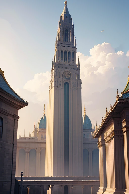 there  a big building，There are pillars and clocks on it, palace background, neoclassical bureau, temple of truth white, a palace floating in the air, Huge palace, screenshot from the anime film, anime movie screenshot, Screenshot of the 2012 animation, Holy Grail Palace, Rune Factory 5 art style, lulua studio