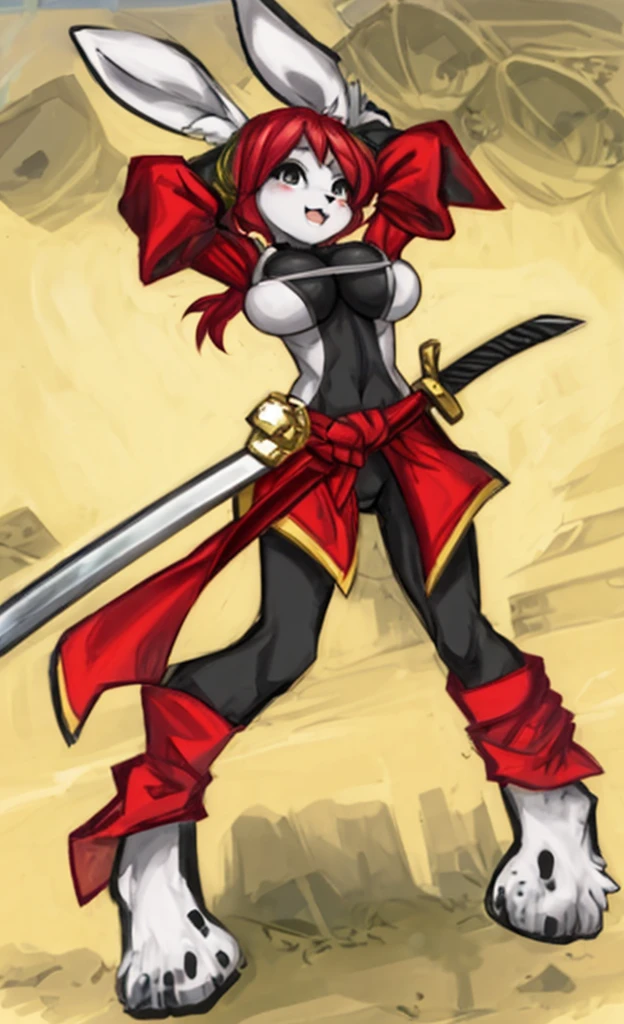 full body image, bunny girl, furry, white fur, bunnt ear, ninja girl, big boob, sword in the back
