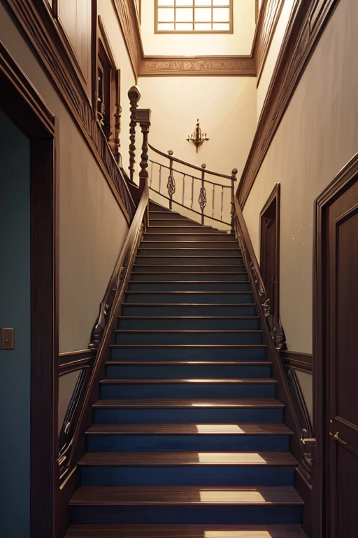 There a photo of the stairs leading to the room, stairways, stairways, stairs to the second floor, Stairs to the upper floor, stairways, coming down the stairs, random background scene, Wooden stairs, stairways, Madhouse Studio anime style, anime movie backgrounds, anime backgrounds, Grand staircase, penrose stairs, Anime background art, stairways