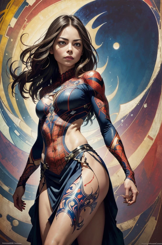 Kristin Kreuk、Sticking out the navel、newyork、She wears a torn Spider-Man suit,wearing skirt、abstract photorealistic、artistic、Alphonse Mucha's painting(masterpiece、top-quality、hight resolution:1.4)、detaileds、intricate-detail、4K、color splashes、line-drawing、Fibonacci、