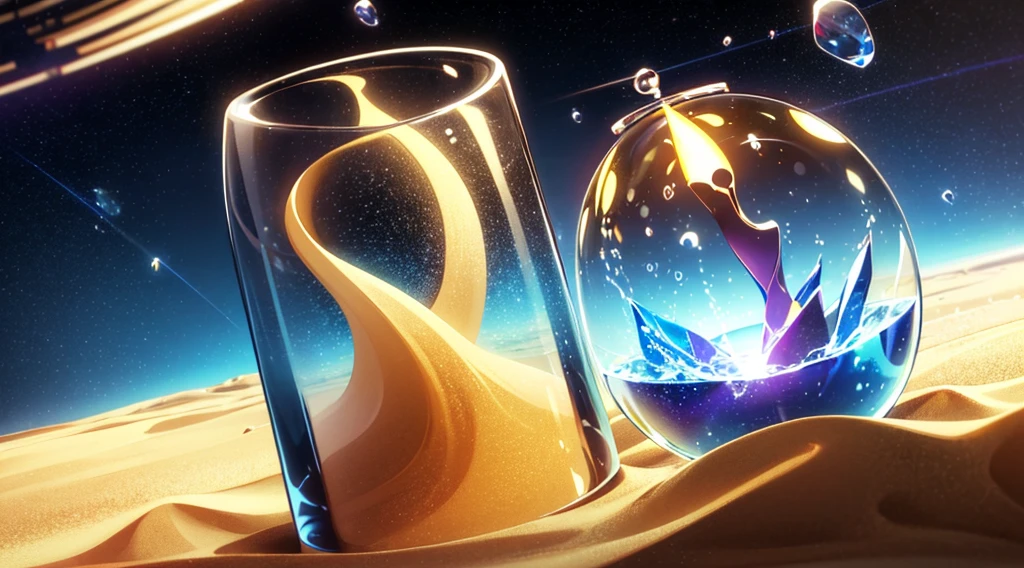 an hourglass with a sand - glass in the middle of it on a desert, time consumes us all, time does not exist anymore, space and time, memory trapped in eternal time, hourglass, infinity time loop, the passing of time, time + space + reality, out of time and space, outside of time and space, the sands of time