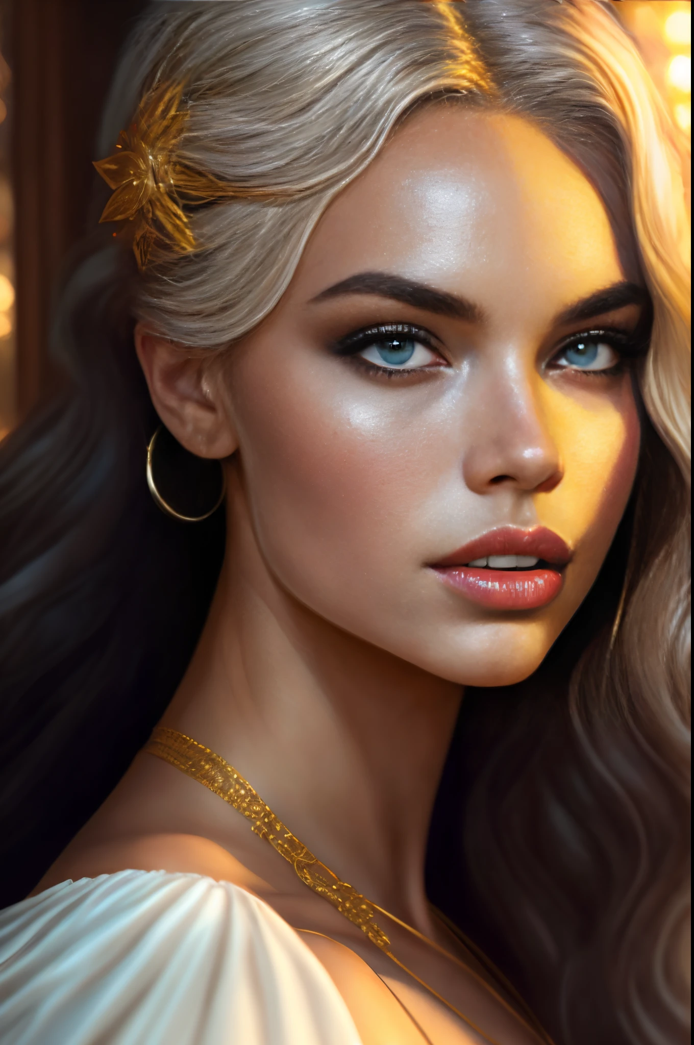 ultra realistic illustration, a stunningly beautiful greek gothic goddess of chaos played by Jordyn jones and dove cameron and margot Robbie and Taylor swift and megan fox, voluminous messy blonde hair, blue eyes, intricate, elegant, highly detailed, digital painting, artstation, concept art, smooth, sharp focus, illustration, art by artgerm and greg rutkowski and alphonse mucha